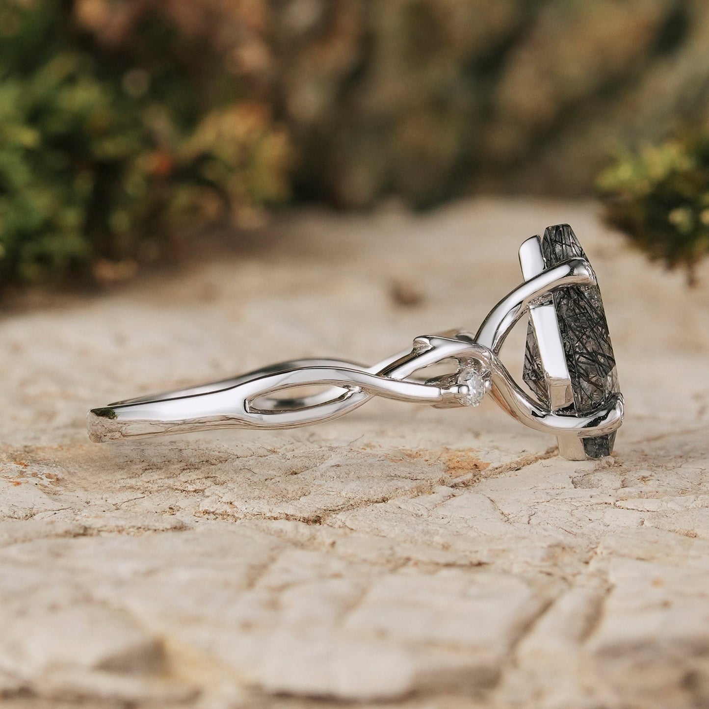 Unique Kite Cut Black Rutilated Quartz Leaf and Vine Silver Ring