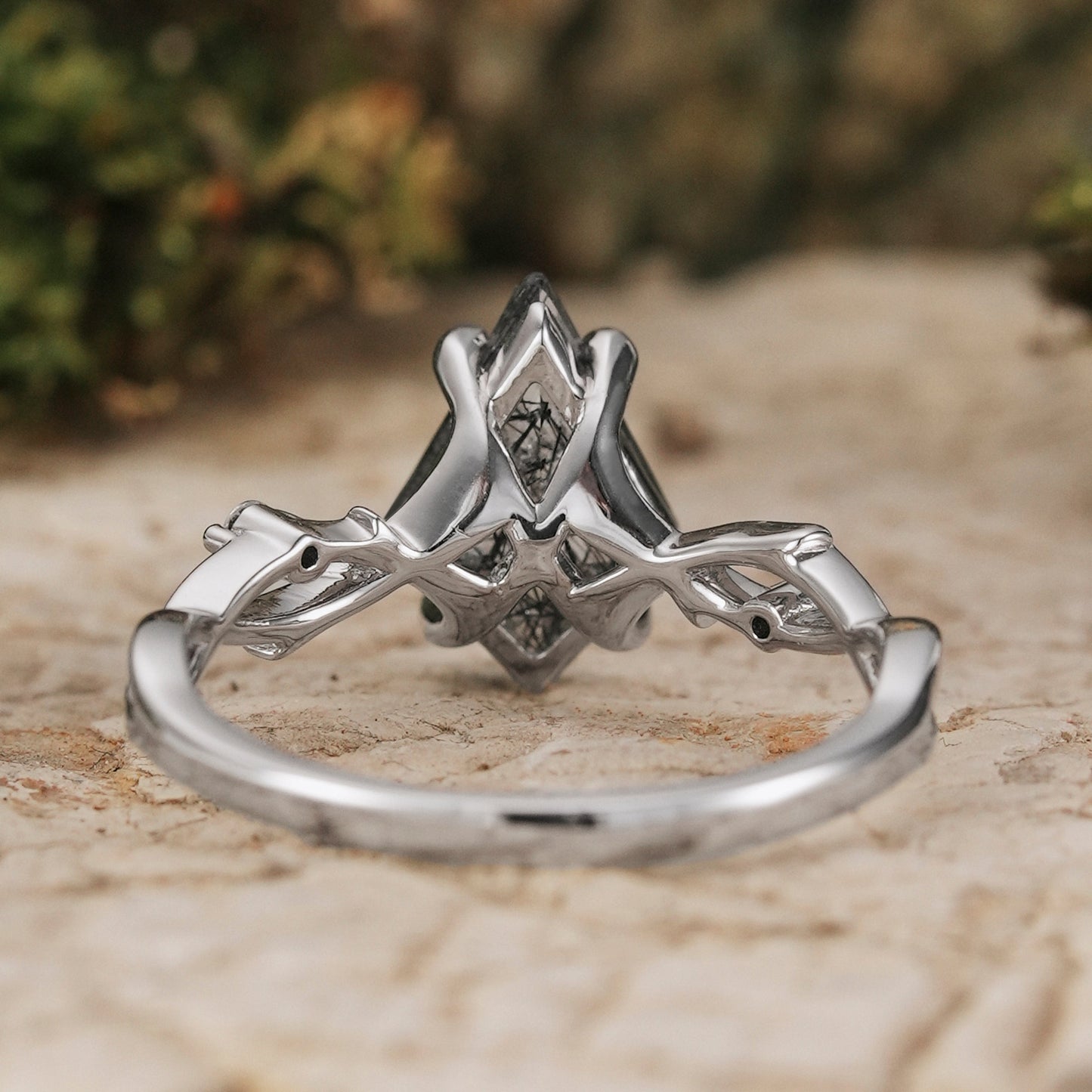 Unique Kite Cut Black Rutilated Quartz Leaf and Vine Silver Ring