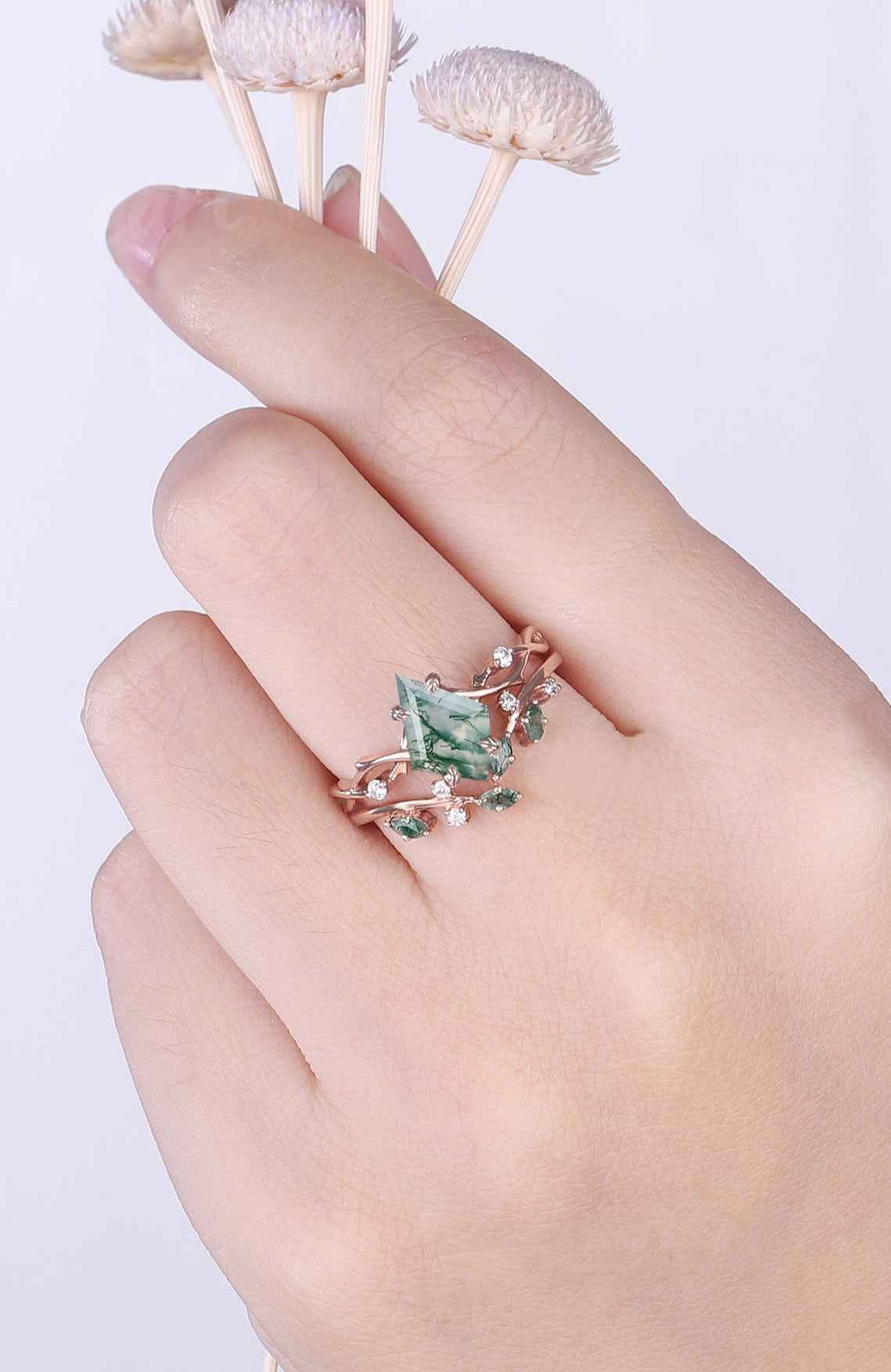 Unique Kite Cut Moss Agate Leaf and Vine Silver Ring Set 2pcs