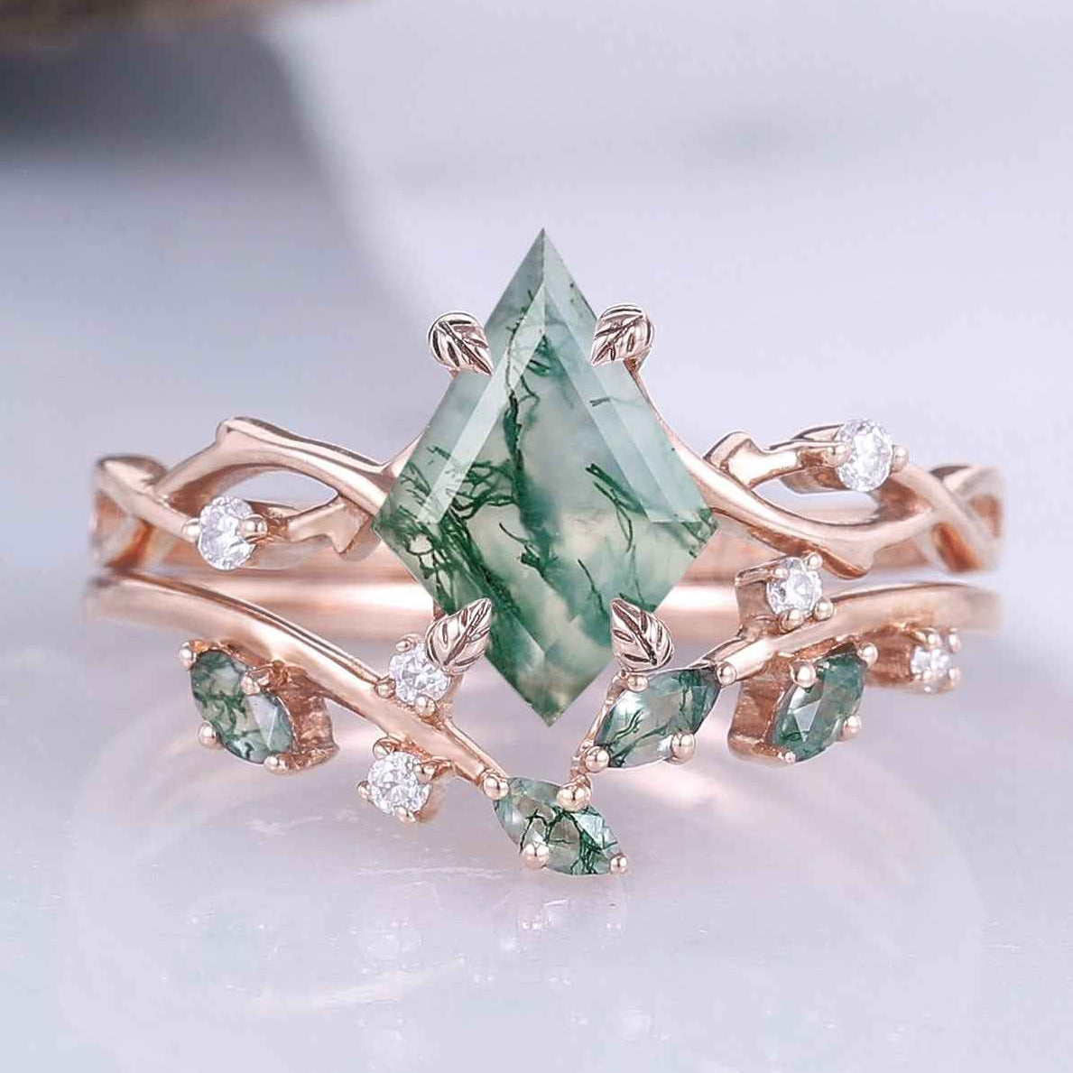 Unique Kite Cut Moissanite Leaf and Vine Gemstone Ring Set 2pcs