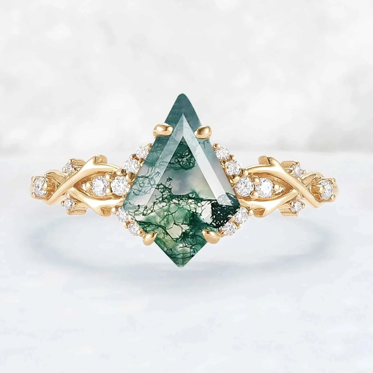 Unique Kite Cut Moss Agate with Moissanite Vine Gemstone Ring