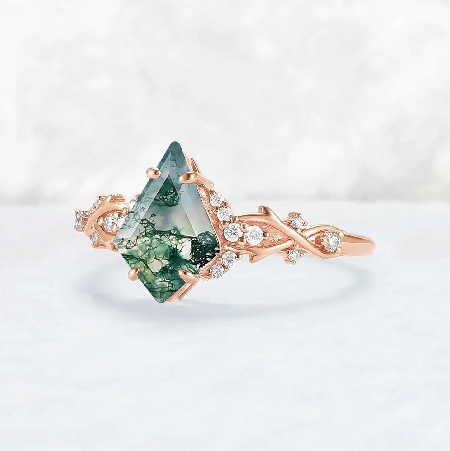 Unique Kite Cut Moss Agate with Moissanite Vine Gemstone Ring