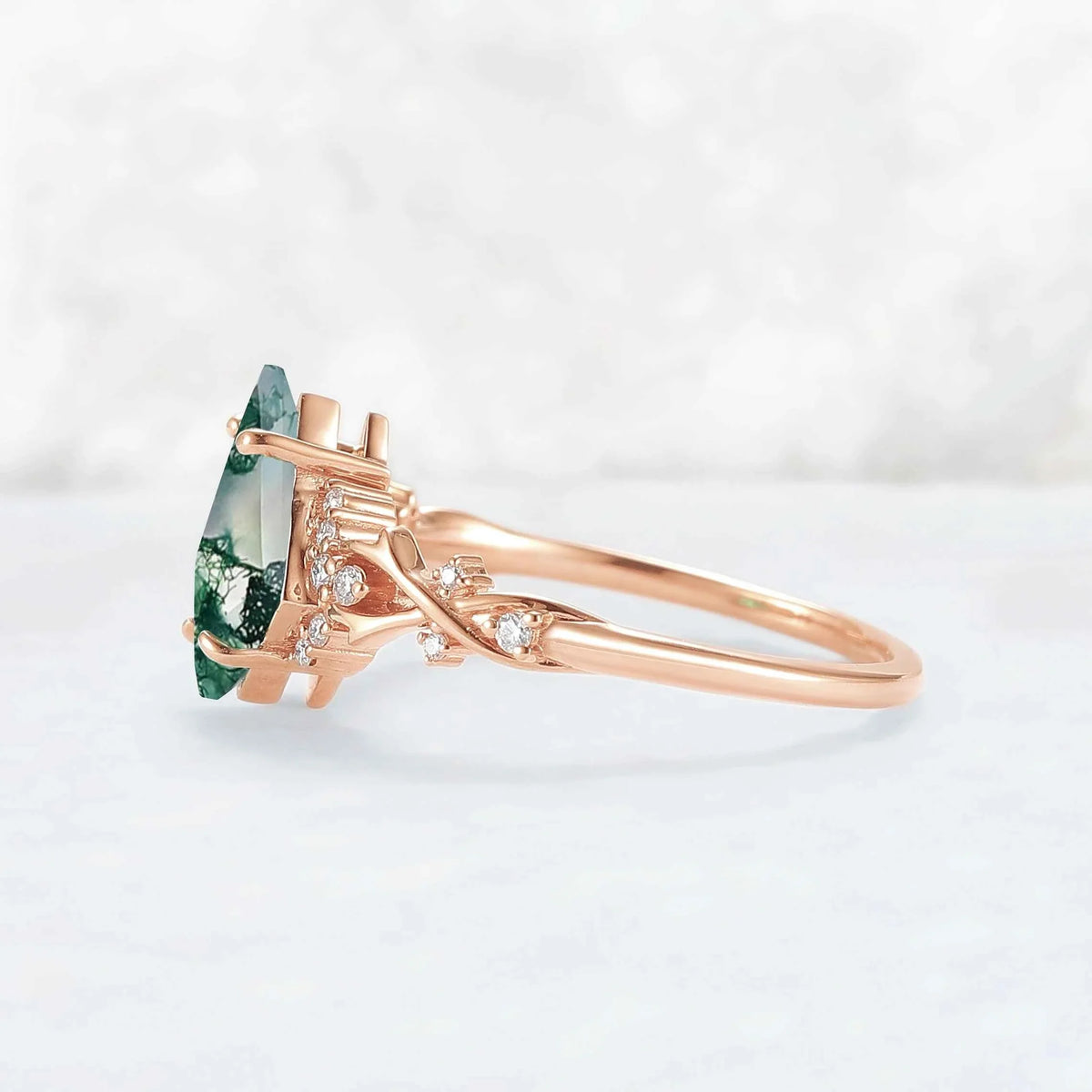 Unique Kite Cut Moss Agate with Moissanite Vine Gemstone Ring