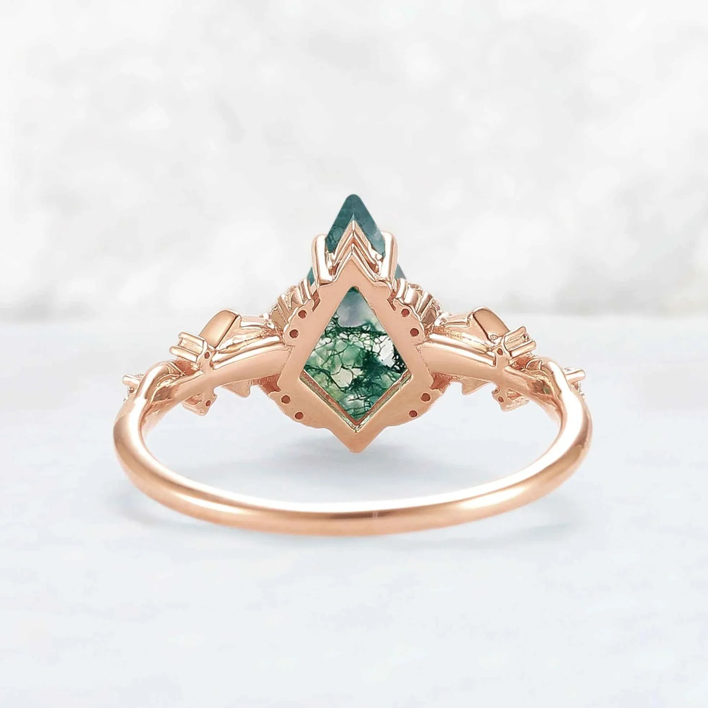 Unique Kite Cut Moss Agate with Moissanite Vine Gemstone Ring