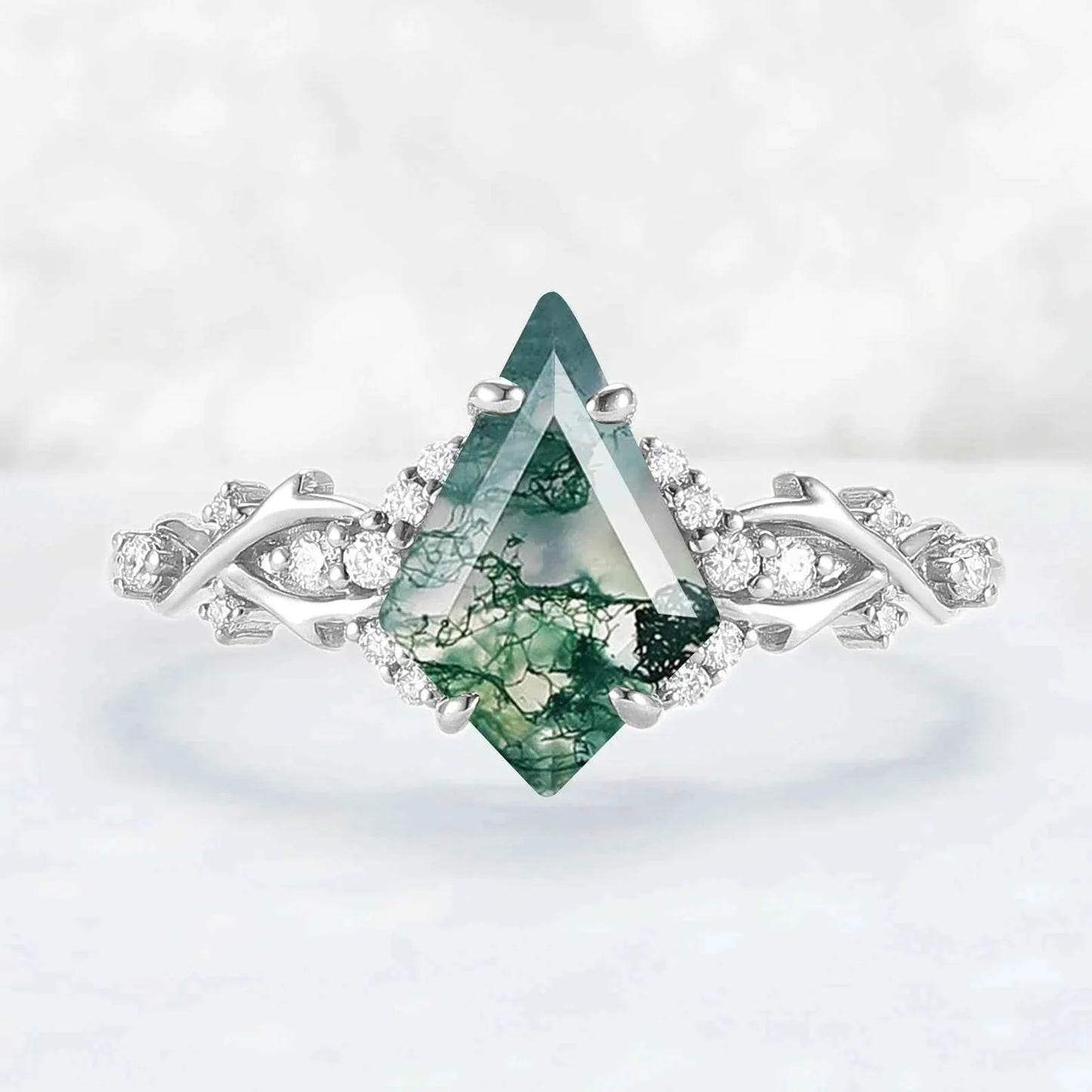 Unique Kite Cut Moss Agate with Moissanite Vine Gemstone Ring
