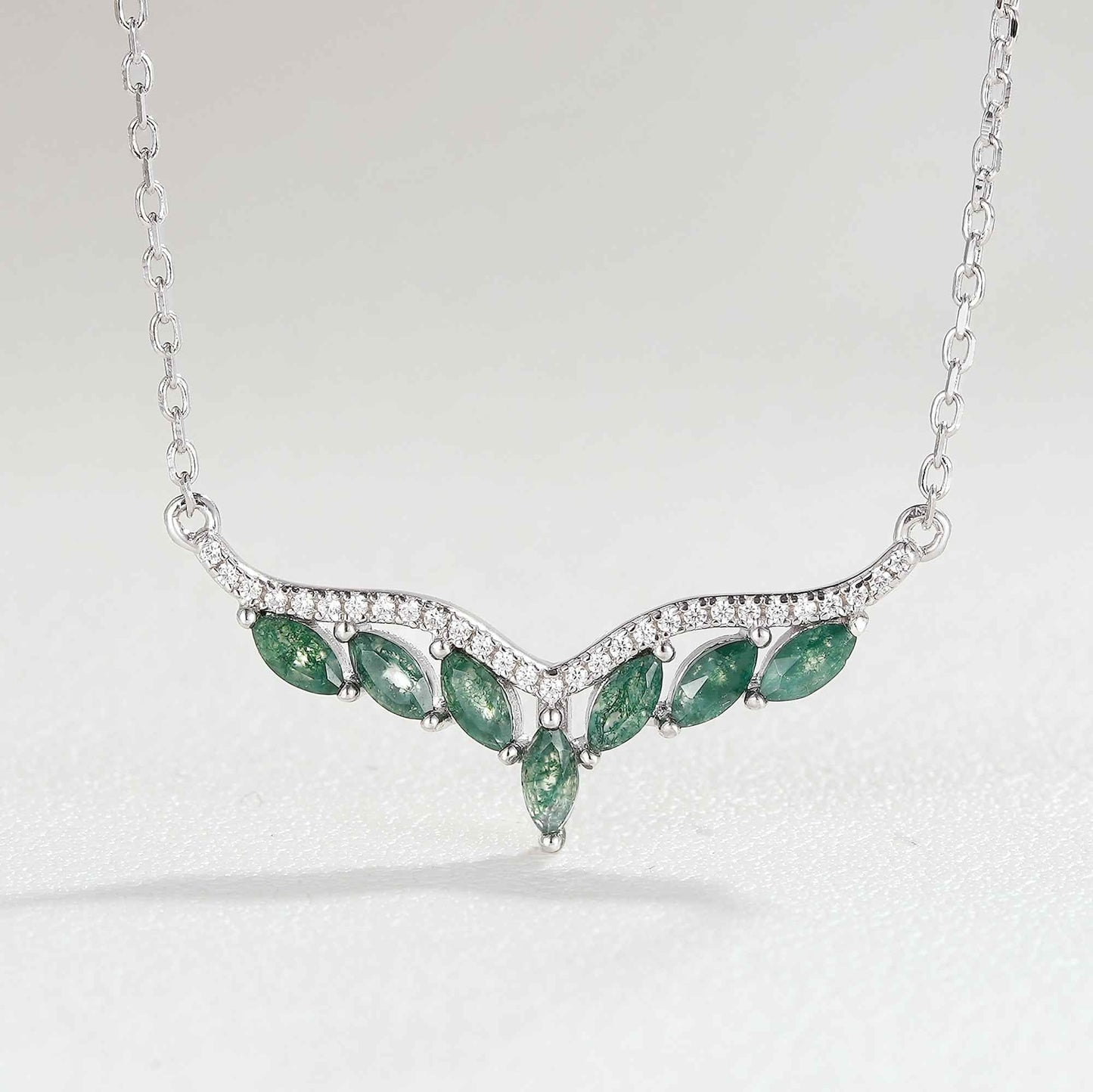 Unique Marquise Cut Moss Agate Angel Wings Pendant - Ready to Ship