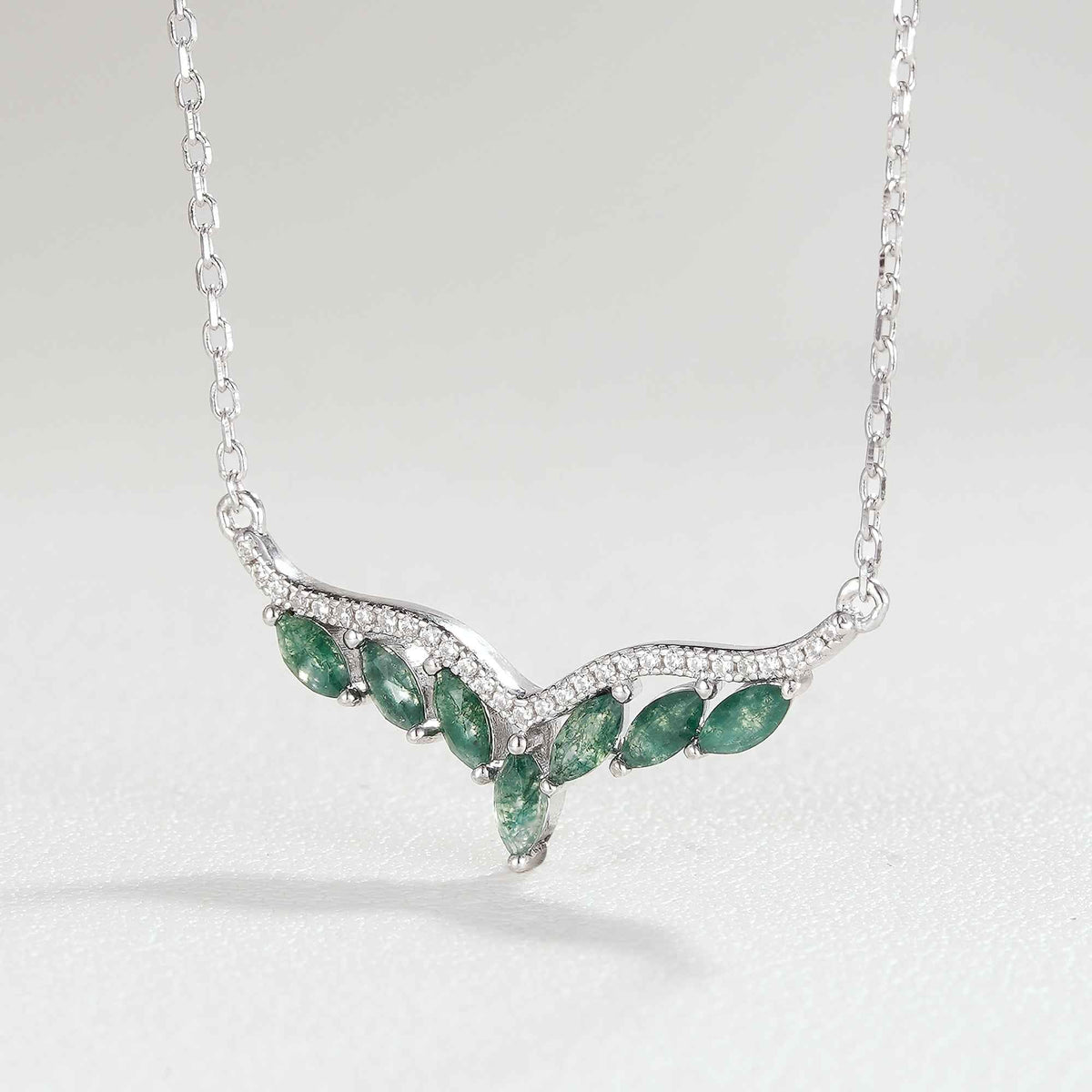Unique Marquise Cut Moss Agate Angel Wings Pendant - Ready to Ship