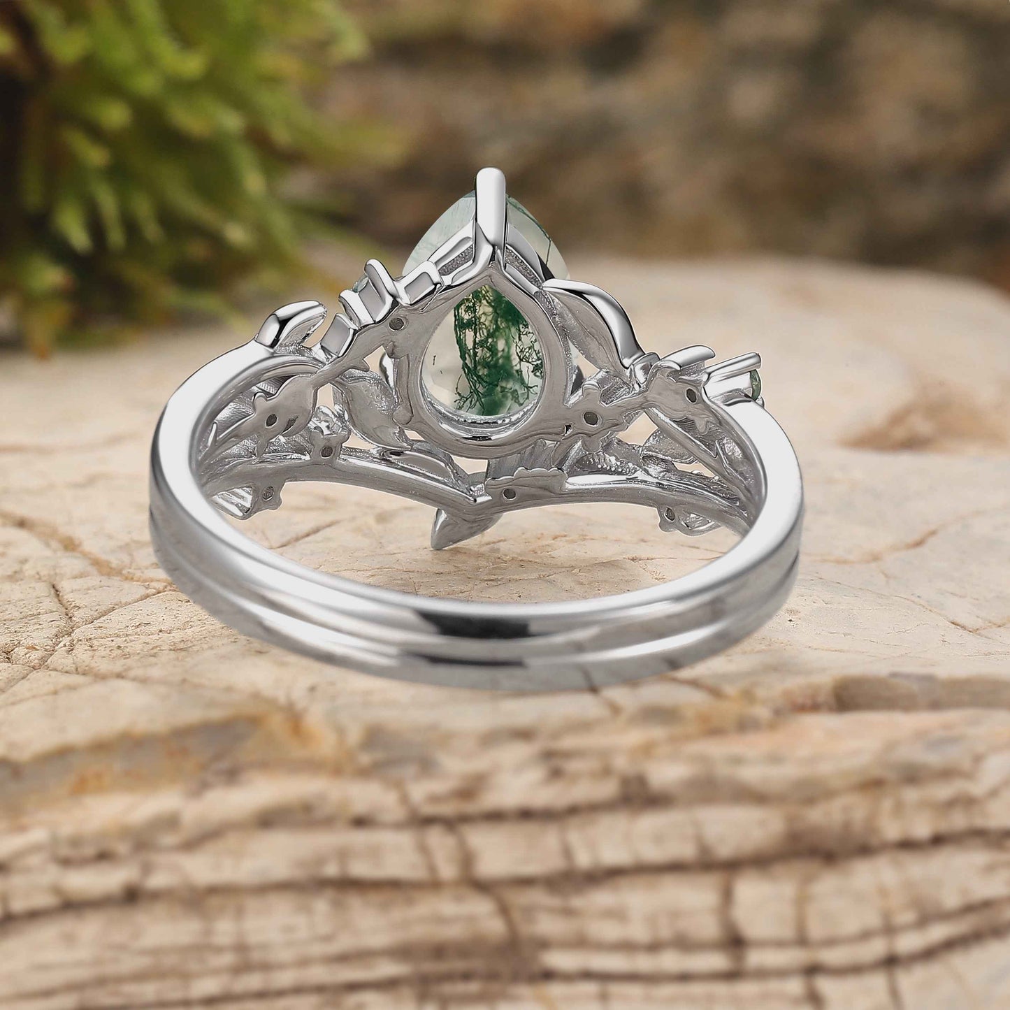 Unique Nature Inspired Pear Cut Moss Agate Silver Engagement Ring Set 2pcs