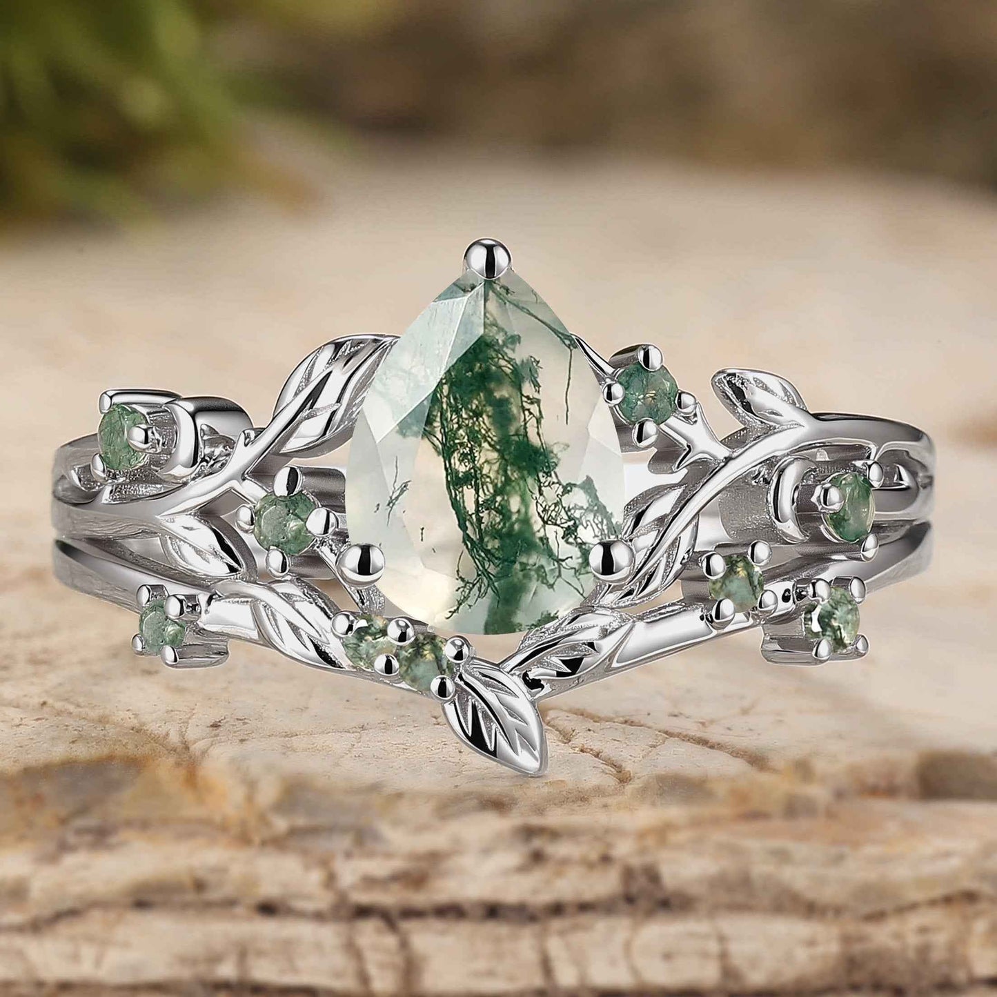 Unique Nature Inspired Pear Cut Moss Agate Engagement Ring Set 2pcs