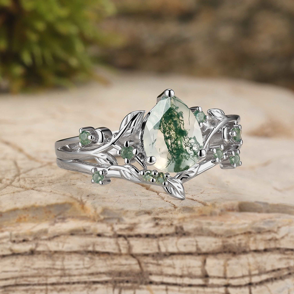 Unique Nature Inspired Pear Cut Moss Agate Silver Engagement Ring Set 2pcs