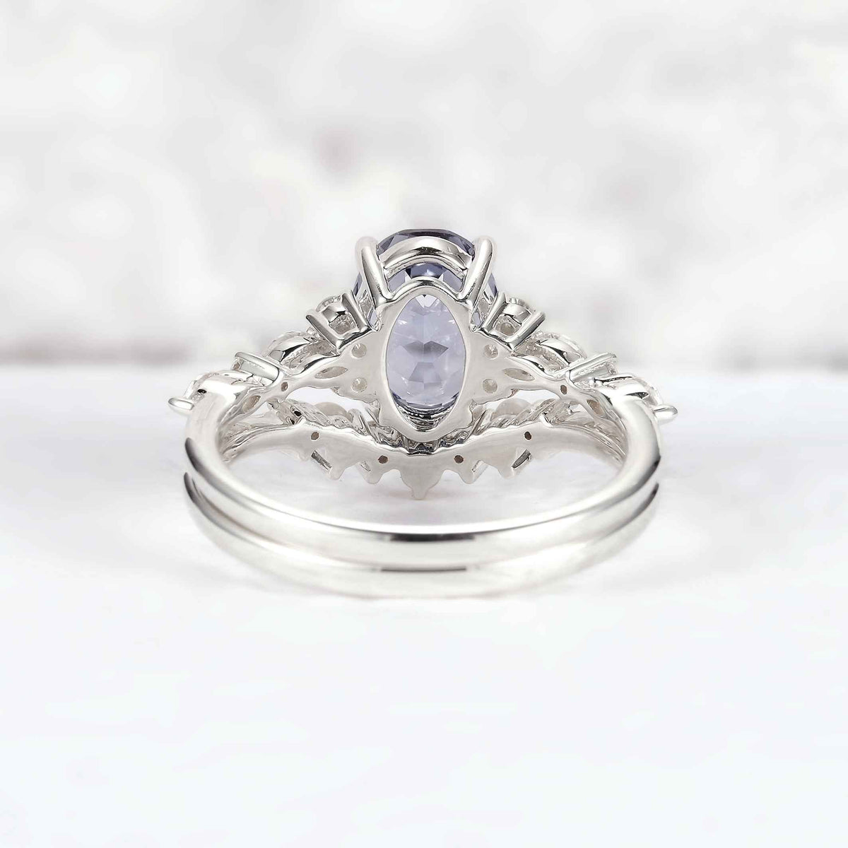 Cluster Oval Cut Cornflower Sapphire Gemstone Silver Ring set 2pcs