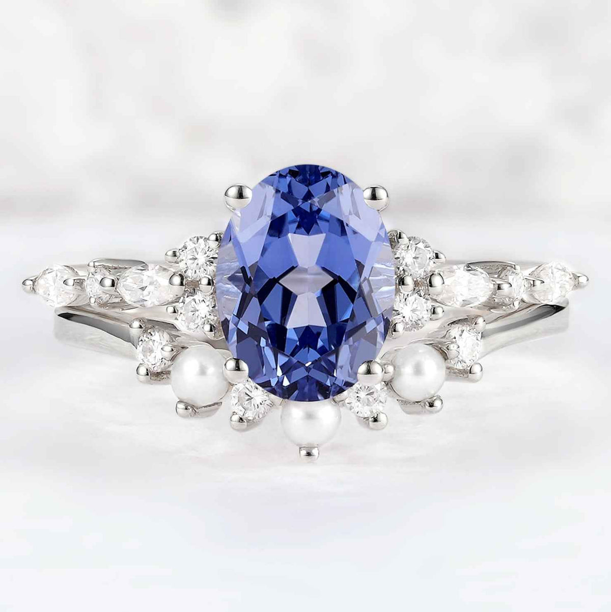 Cluster Oval Cut Cornflower Sapphire Gemstone Silver Ring set 2pcs