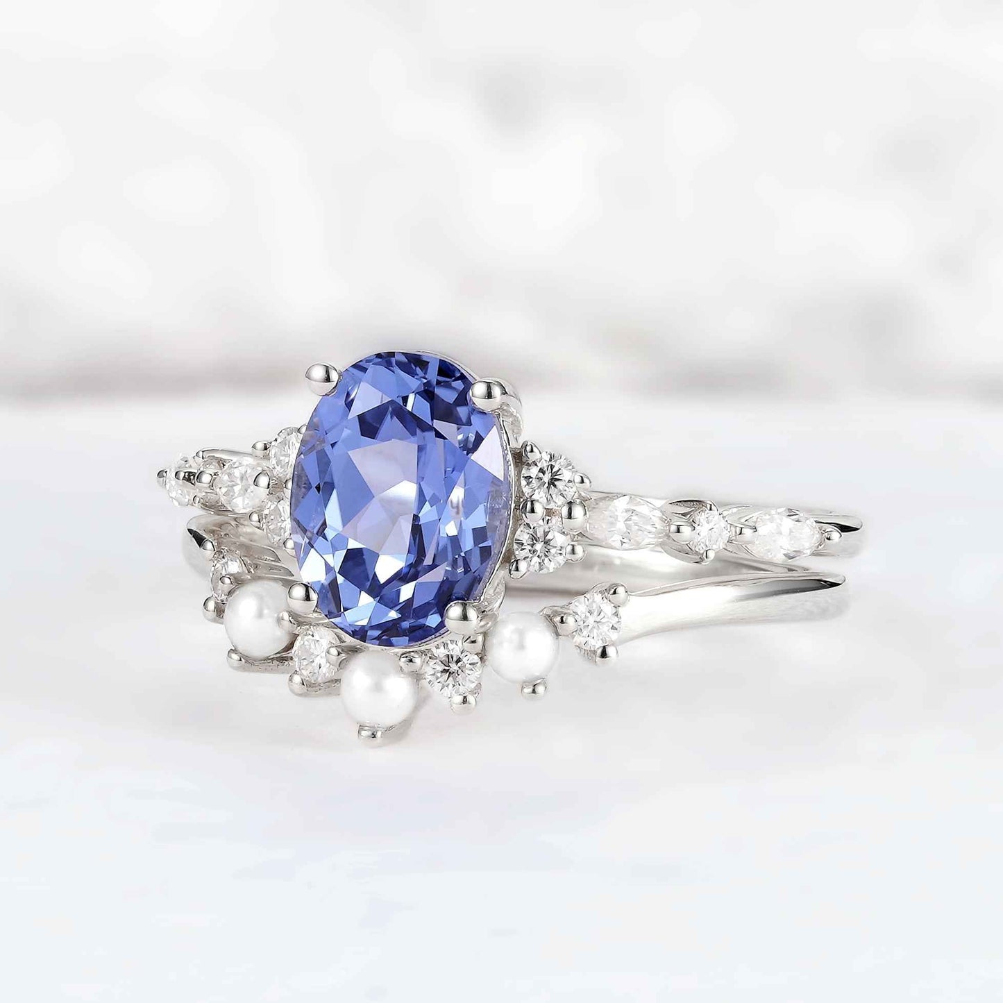 Cluster Oval Cut Cornflower Sapphire Gemstone Silver Ring set 2pcs