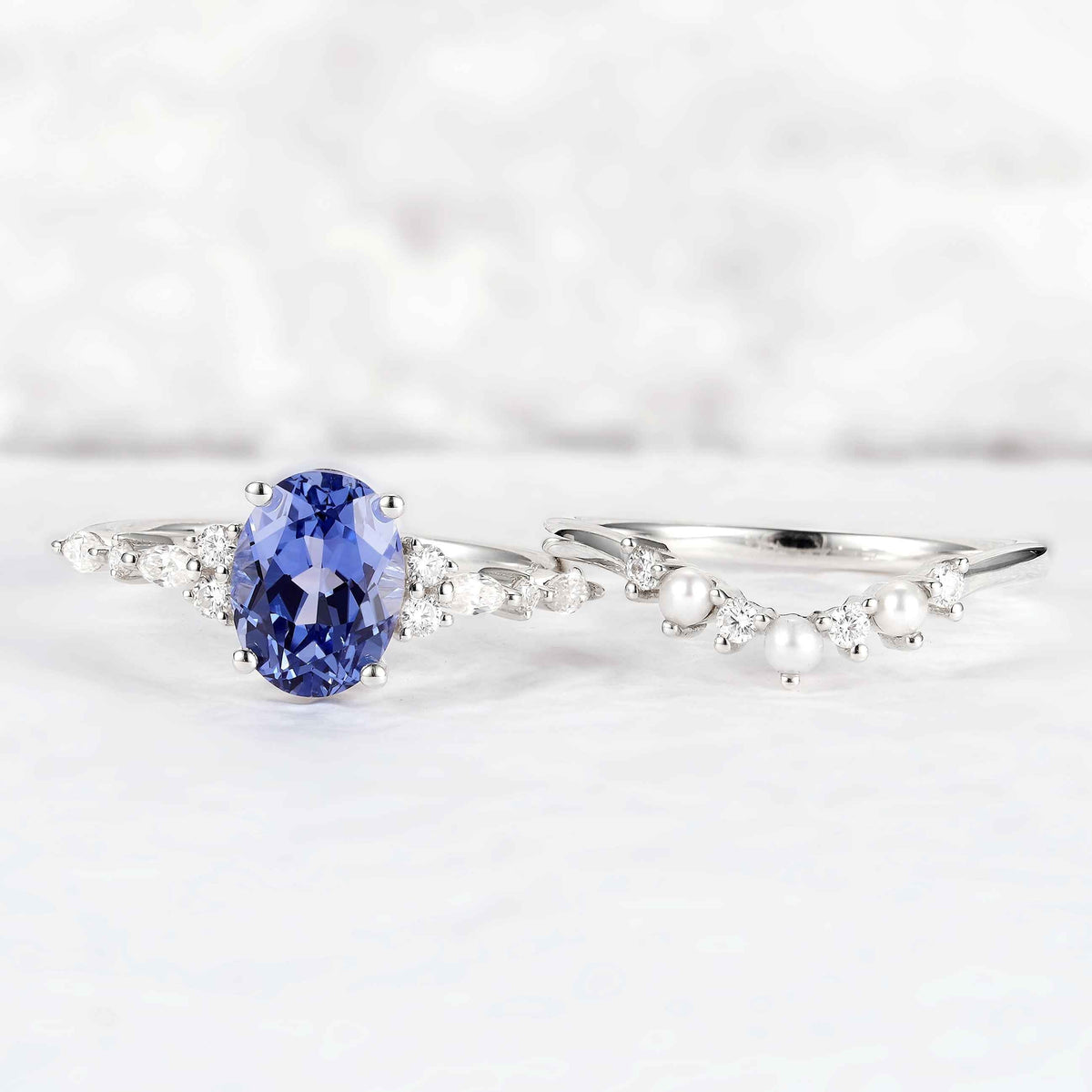 Cluster Oval Cut Cornflower Sapphire Gemstone Silver Ring set 2pcs