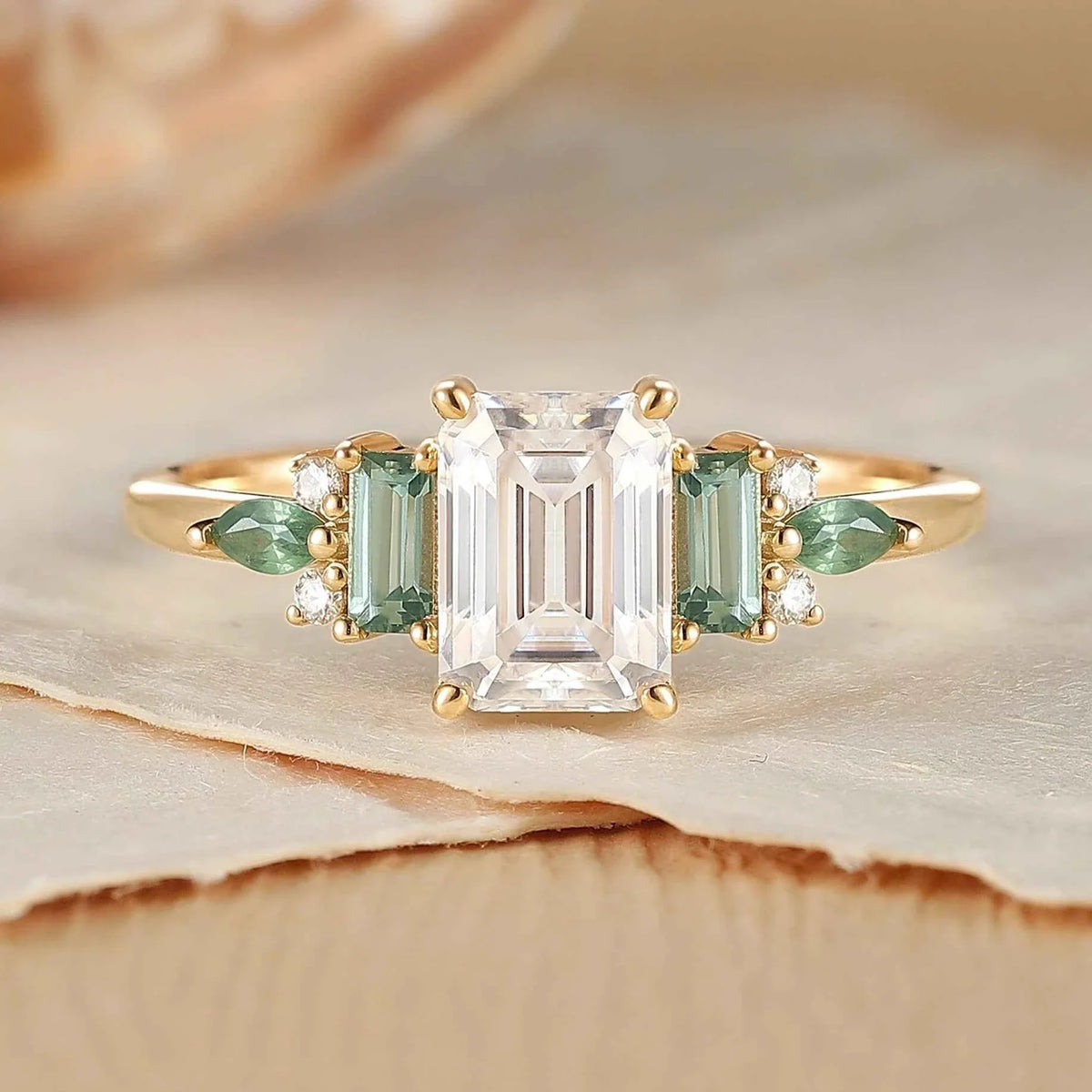 Unique Aveline Emerald Cut Moissanite and Green Sapphire Ring
