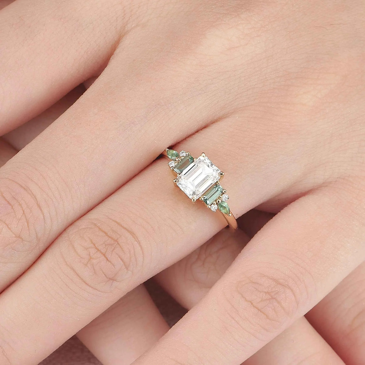 Unique Aveline Emerald Cut Moissanite and Green Sapphire Ring