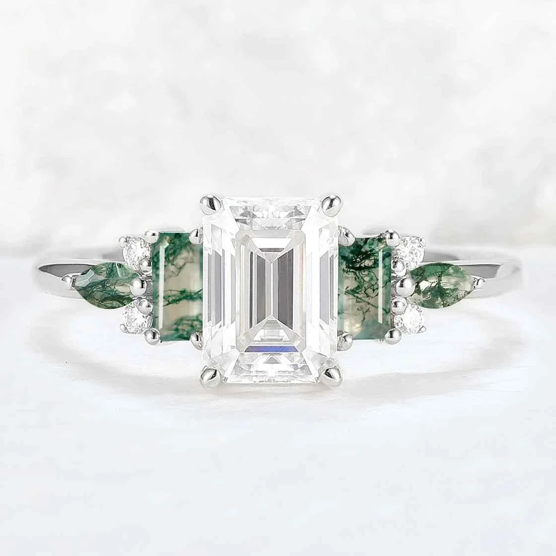 Unique Aveline Emerald Cut Moissanite and Moss Agate Ring