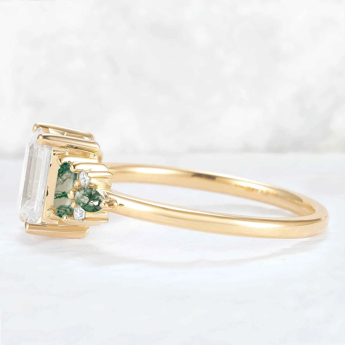 Unique Aveline Emerald Cut Moissanite and Moss Agate Ring