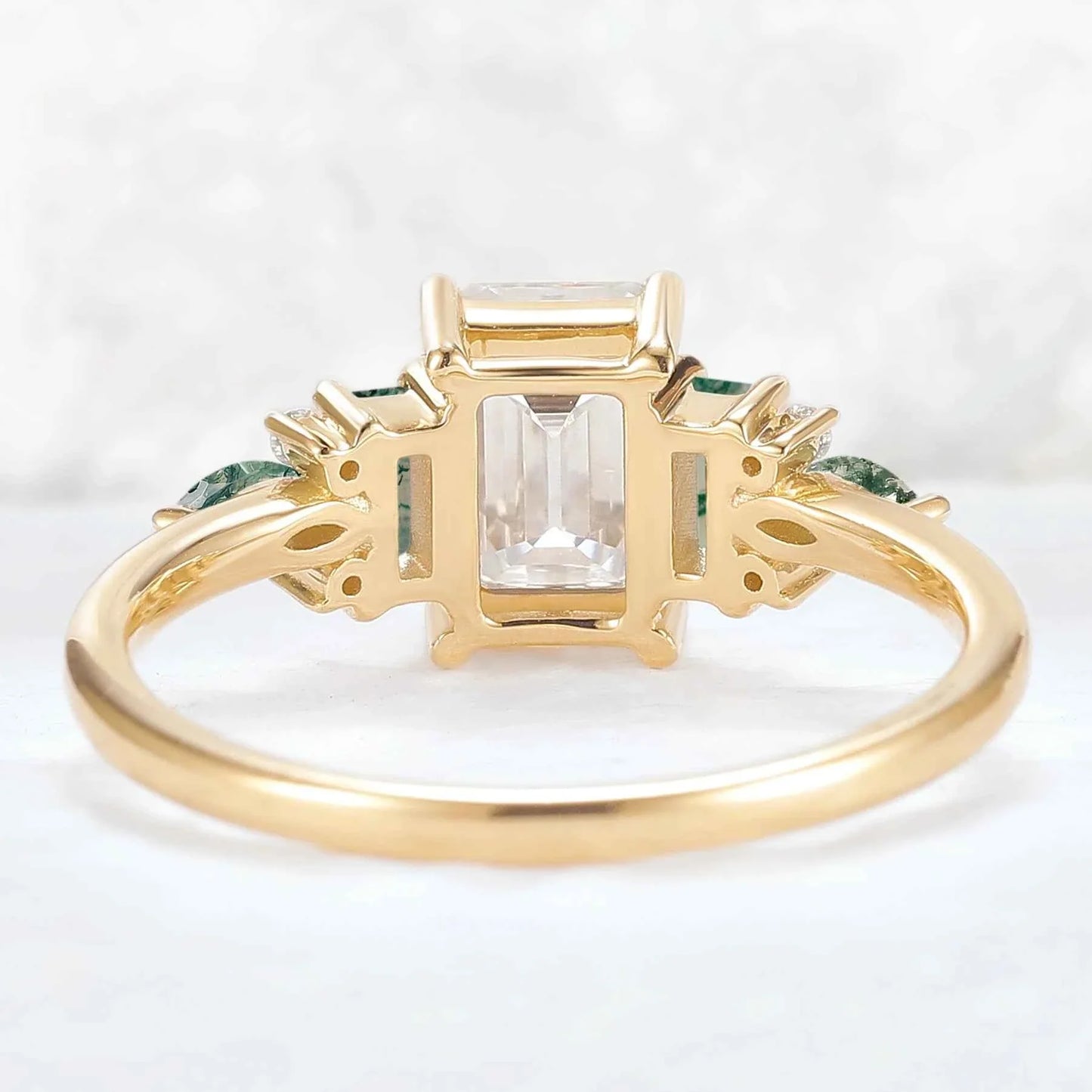 Unique Aveline Emerald Cut Moissanite and Moss Agate Ring