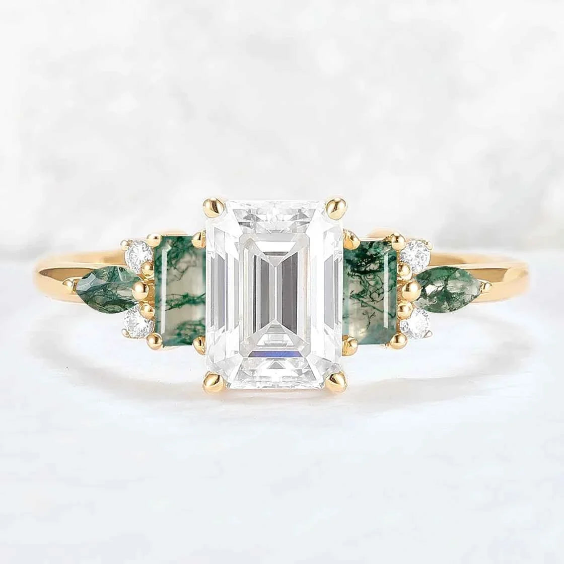Unique Aveline Emerald Cut Moissanite and Moss Agate Ring