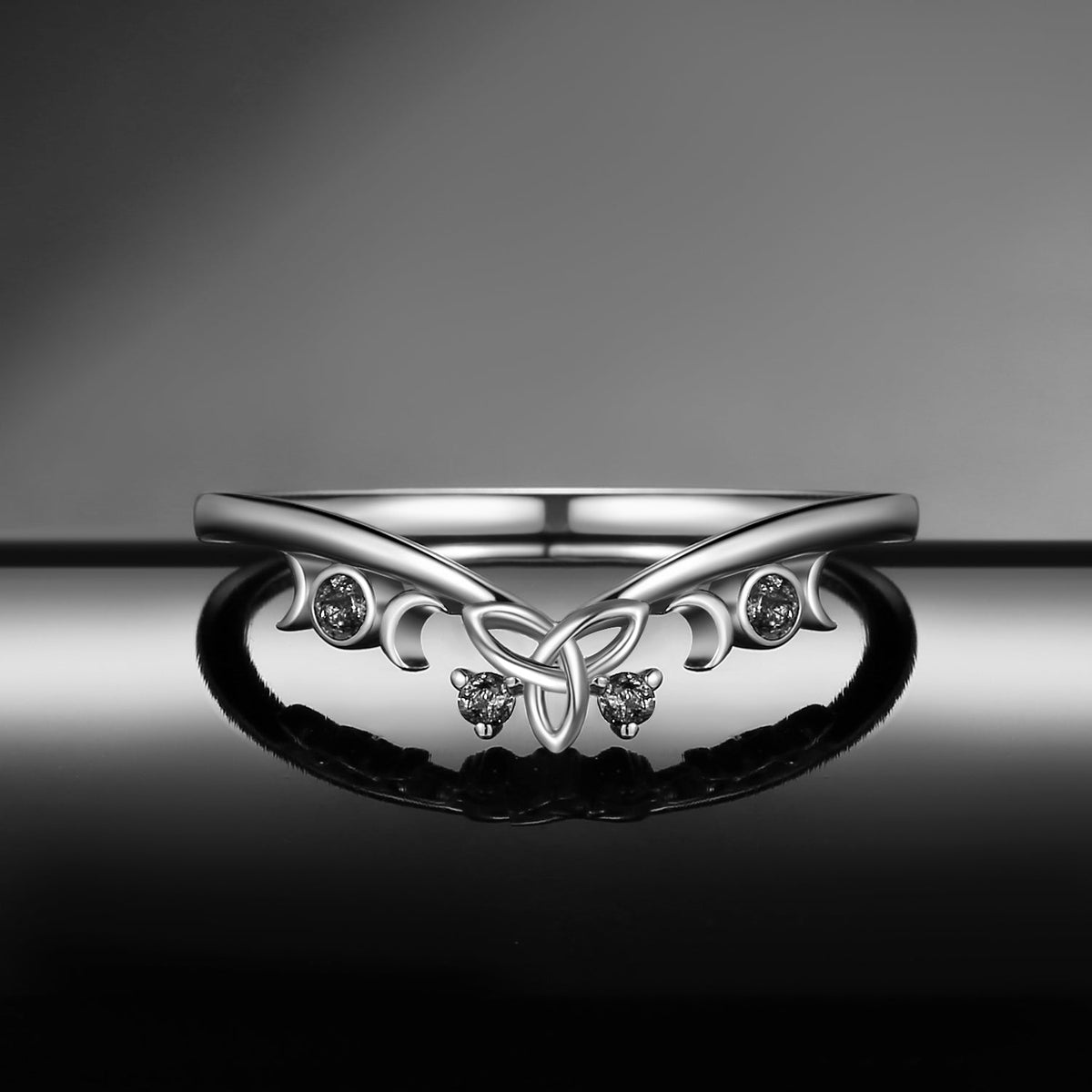 Celtic Moon - Unique Inspired Black Rutilated Quartz Chevron Wedding Band