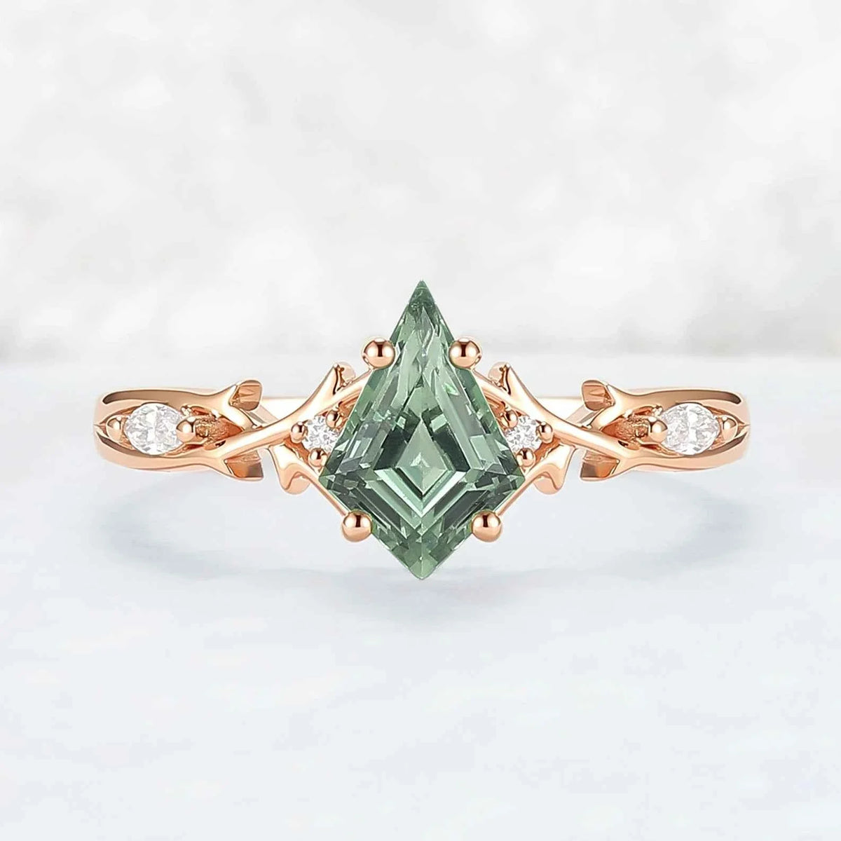 Unique Cluster Kite-Cut Green Sapphire Ring with Vine Band Design
