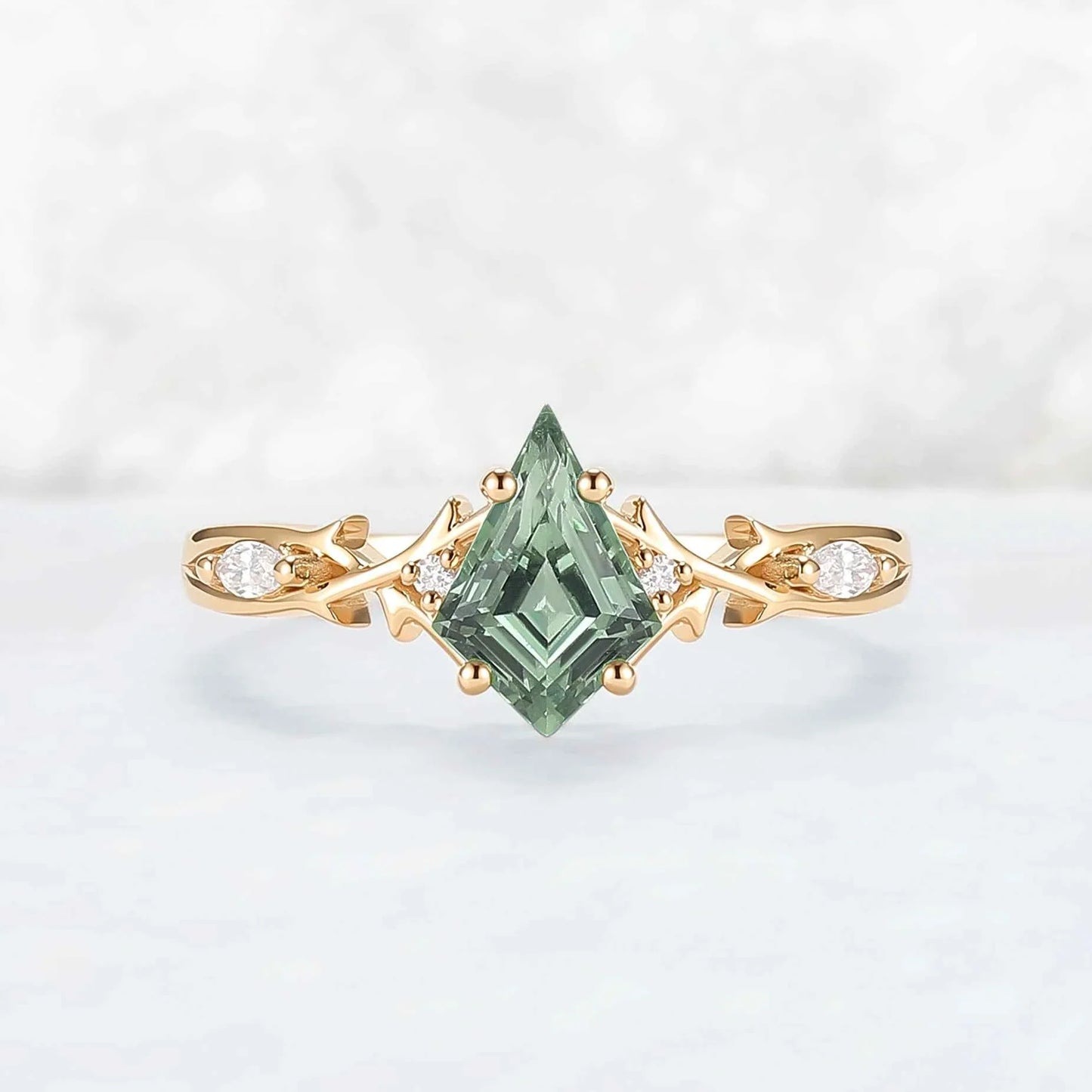 Unique Cluster Kite-Cut Green Sapphire Ring with Vine Band Design