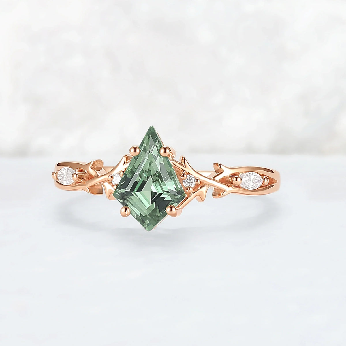 Unique Cluster Kite-Cut Green Sapphire Ring with Vine Band Design
