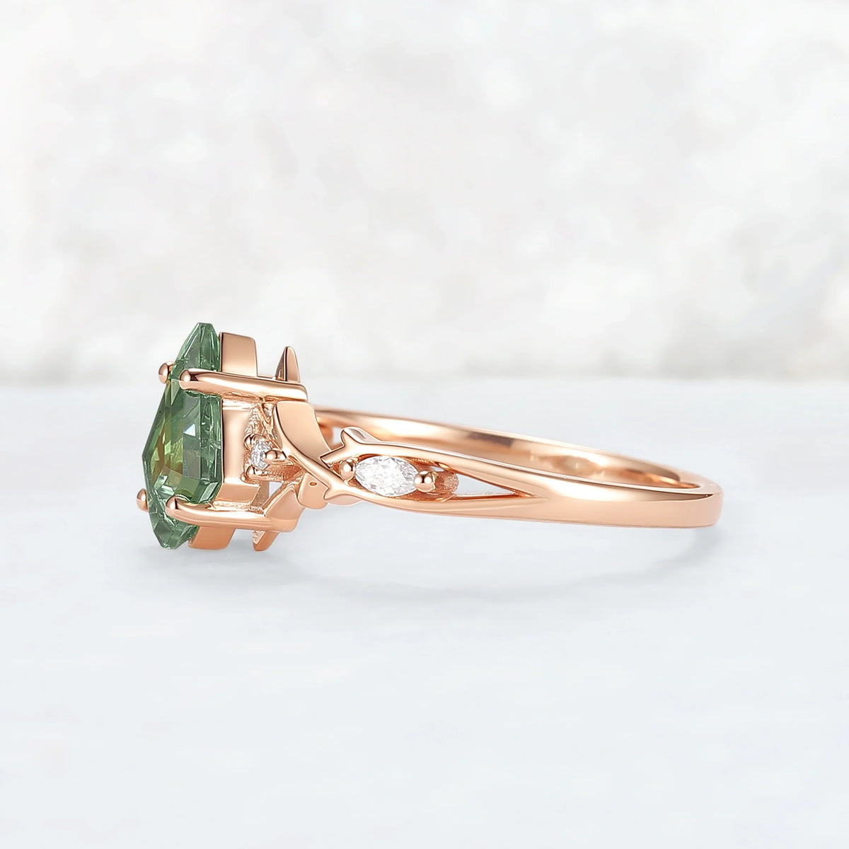 Unique Cluster Kite-Cut Green Sapphire Ring with Vine Band Design