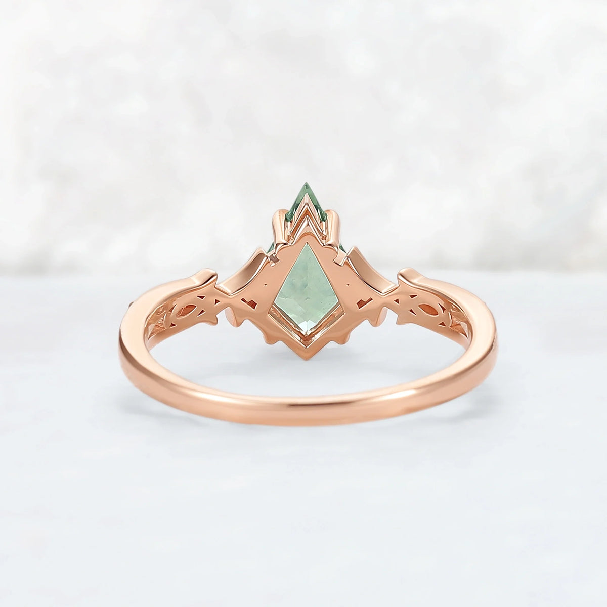 Unique Cluster Kite-Cut Green Sapphire Ring with Vine Band Design