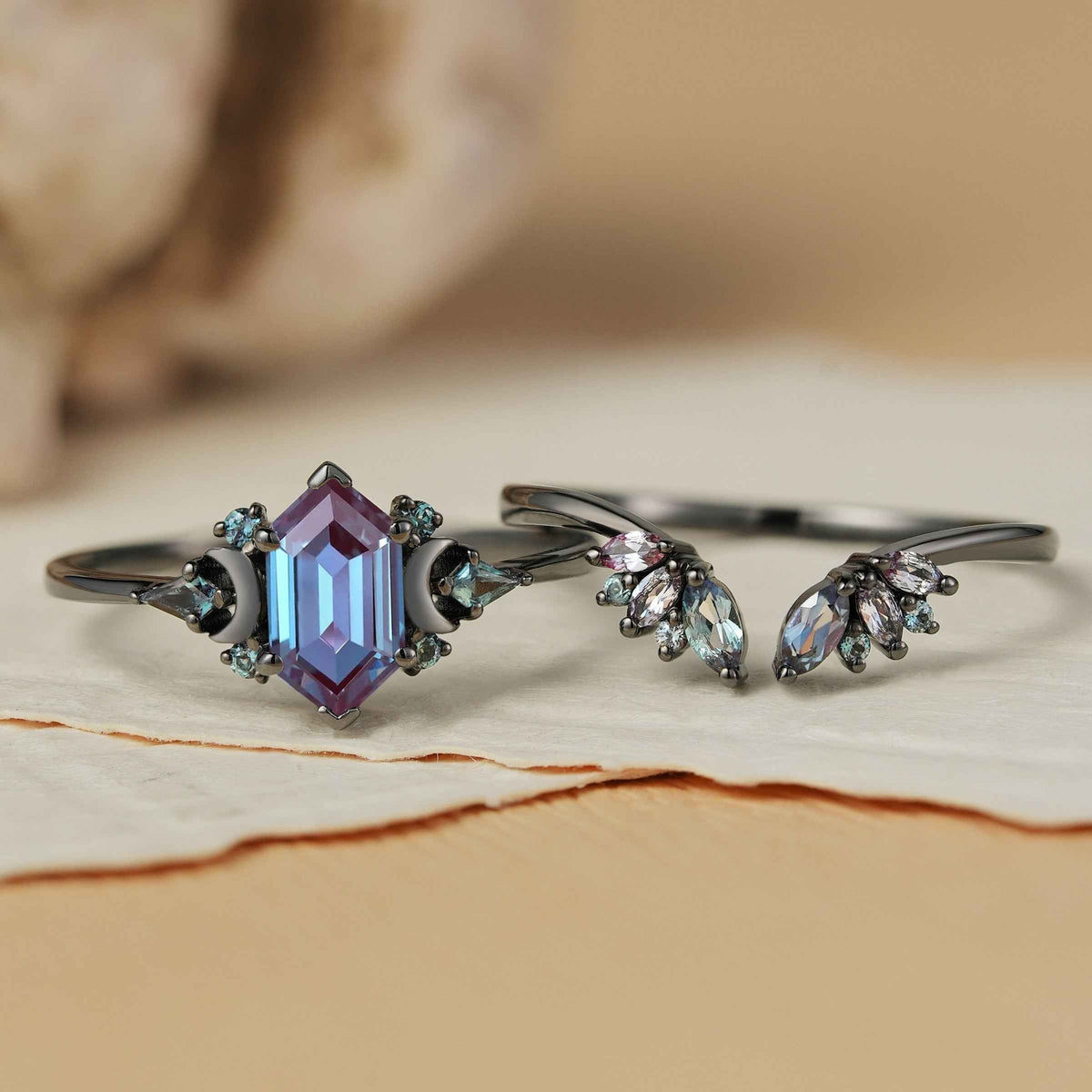 Unique Hexagon Cut Alexandrite Clutser Ring Set 2pcs