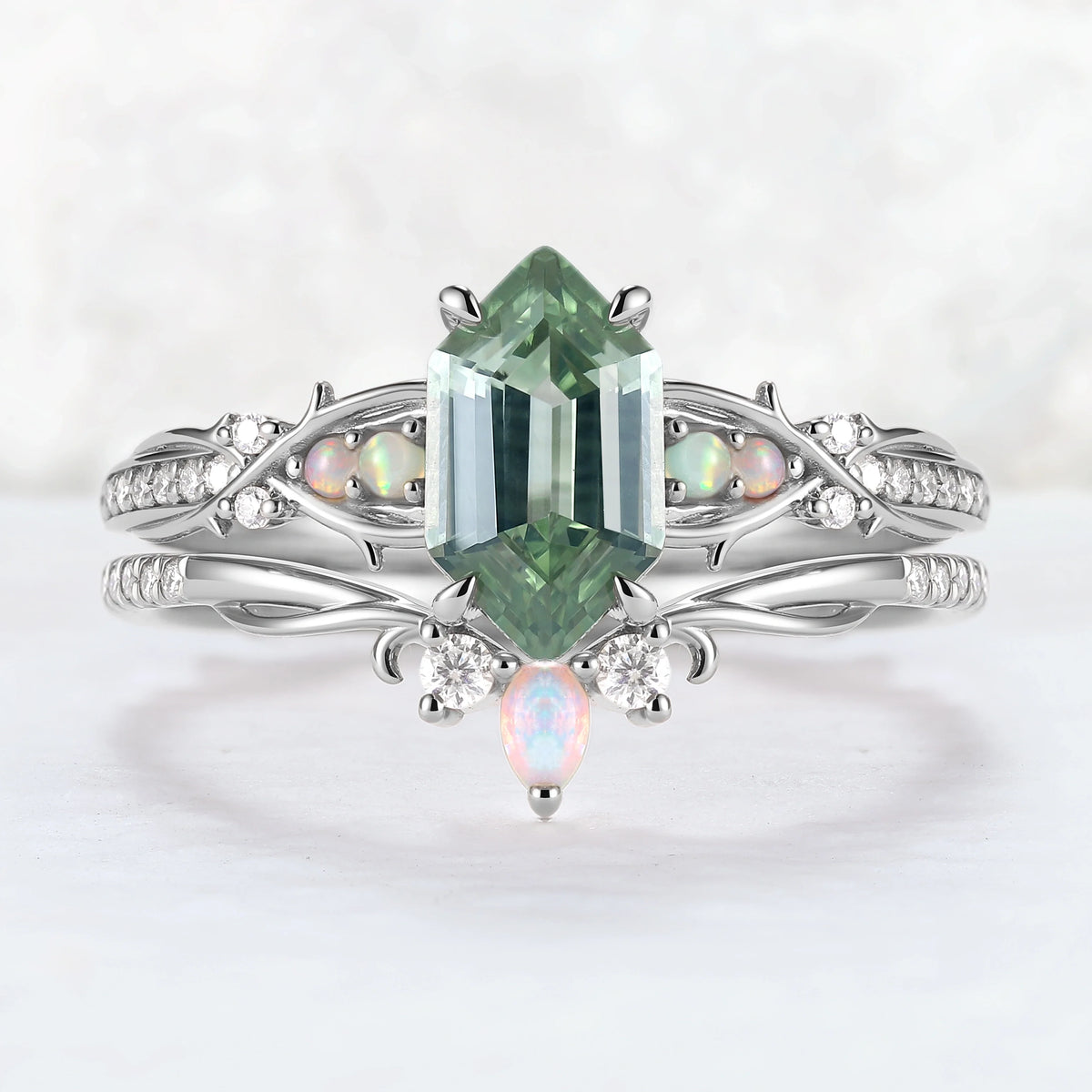 Unique Hexagon Cut Lab Green Sapphire Vine Gemstone Ring Set 2pcs