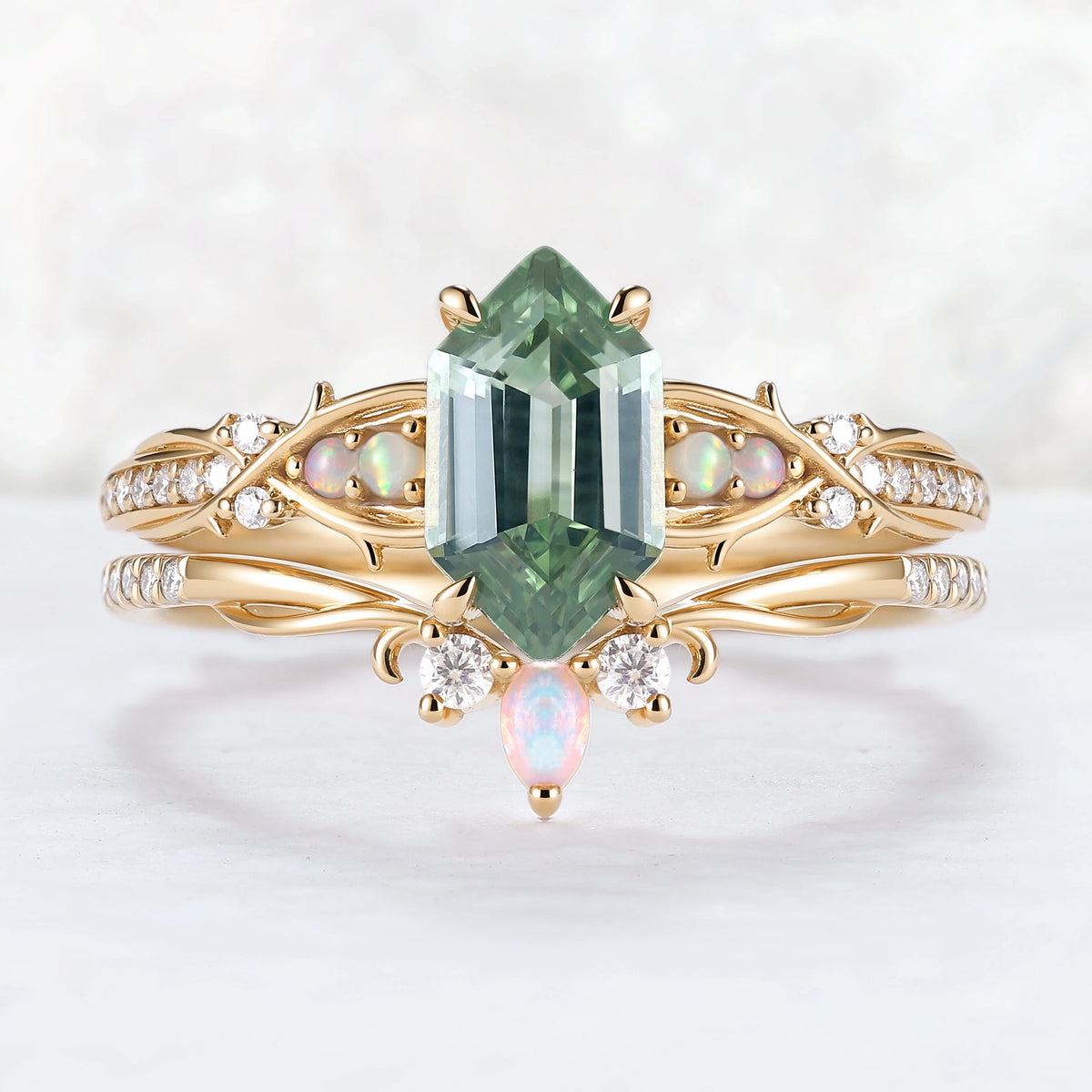 Unique Hexagon Cut Lab Green Sapphire Vine Gemstone Ring Set 2pcs