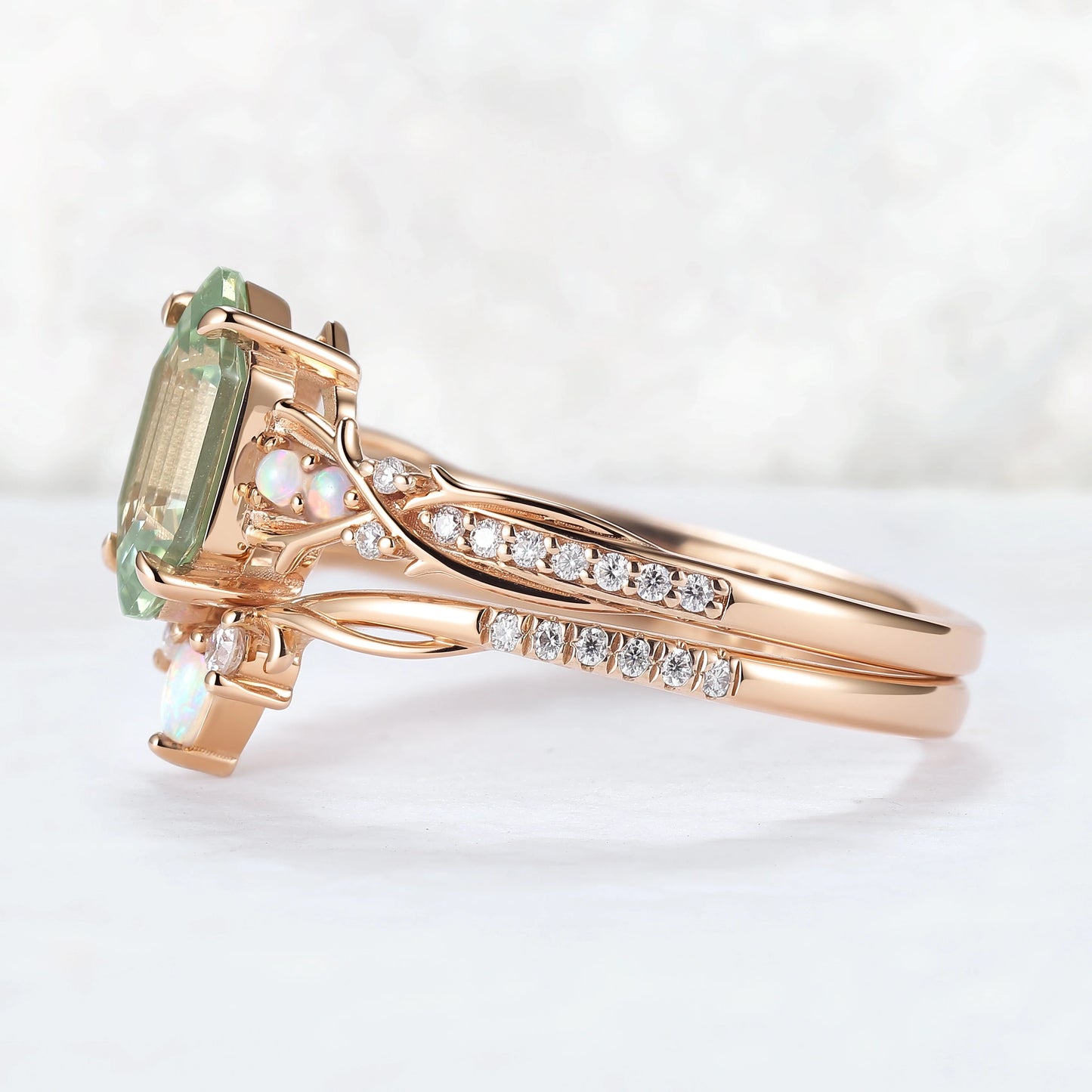 Unique Hexagon Cut Lab Green Sapphire Vine Gemstone Ring Set 2pcs