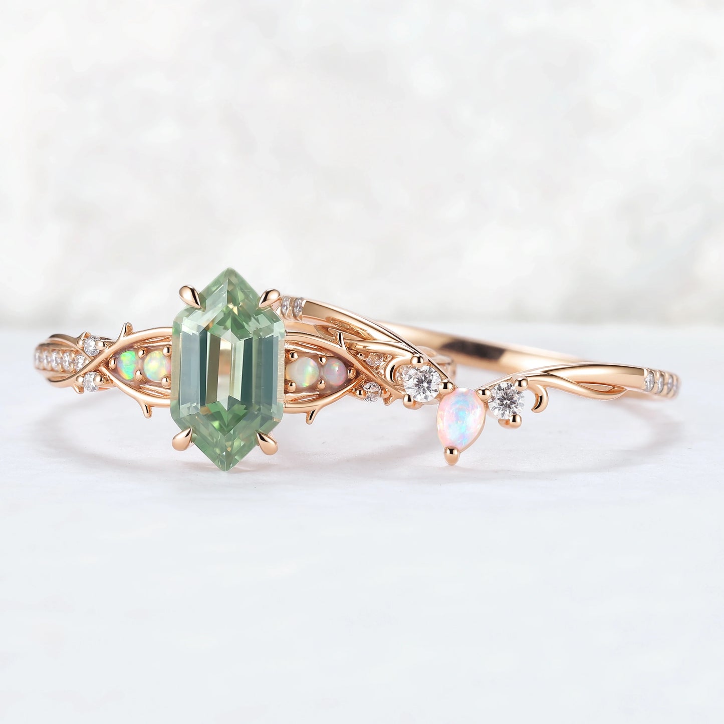 Unique Hexagon Cut Lab Green Sapphire Vine Gemstone Ring Set 2pcs
