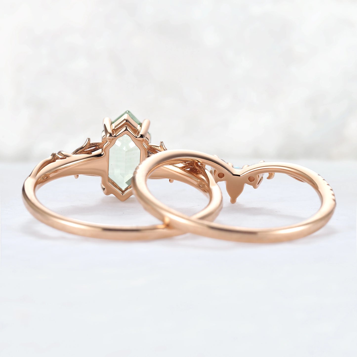Unique Hexagon Cut Lab Green Sapphire Vine Gemstone Ring Set 2pcs
