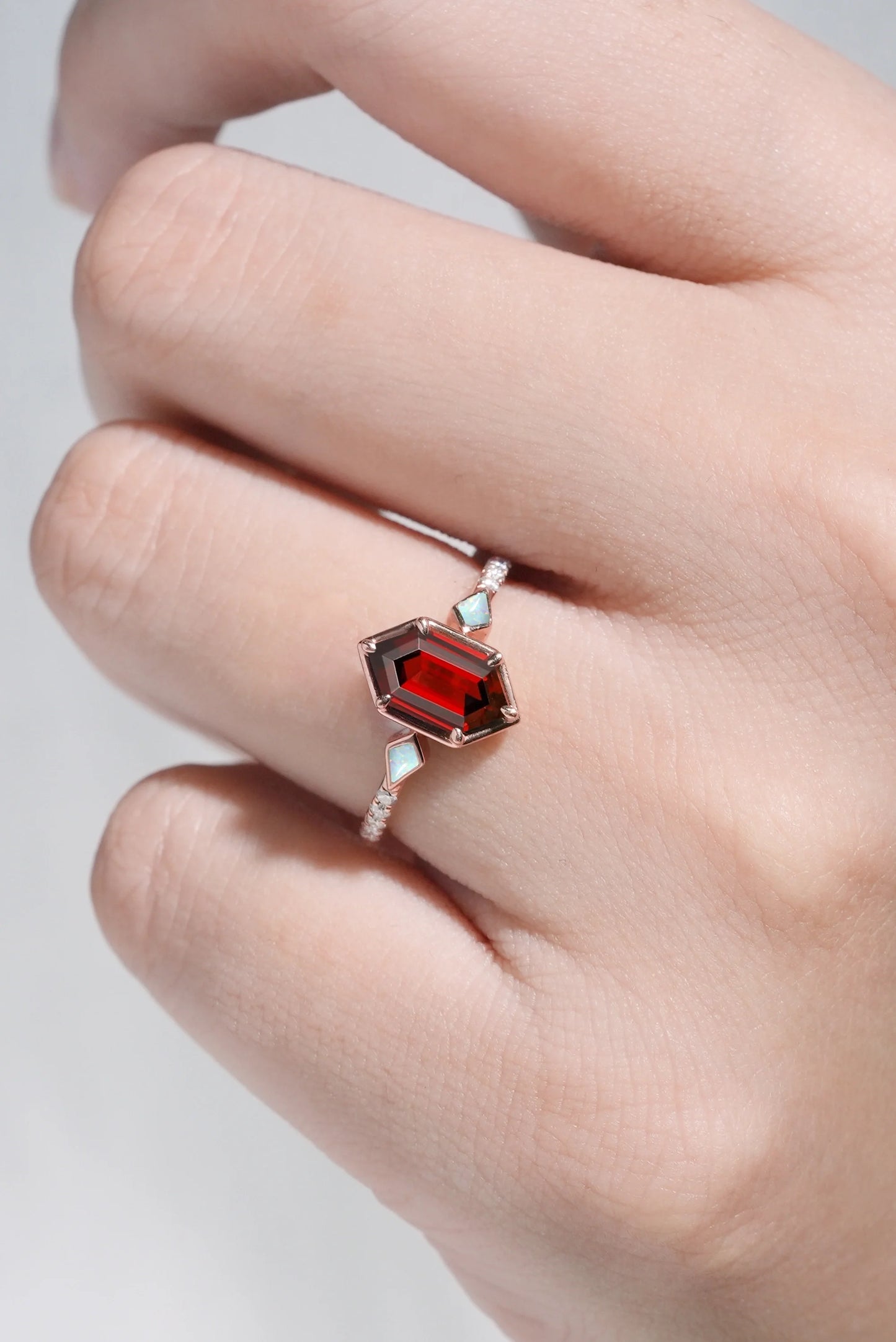 Unique Hexagon Cut Lab Ruby Half Eternity Engagement Ring