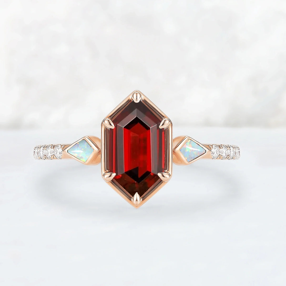 Unique Hexagon Cut Lab Ruby Half Eternity Engagement Ring