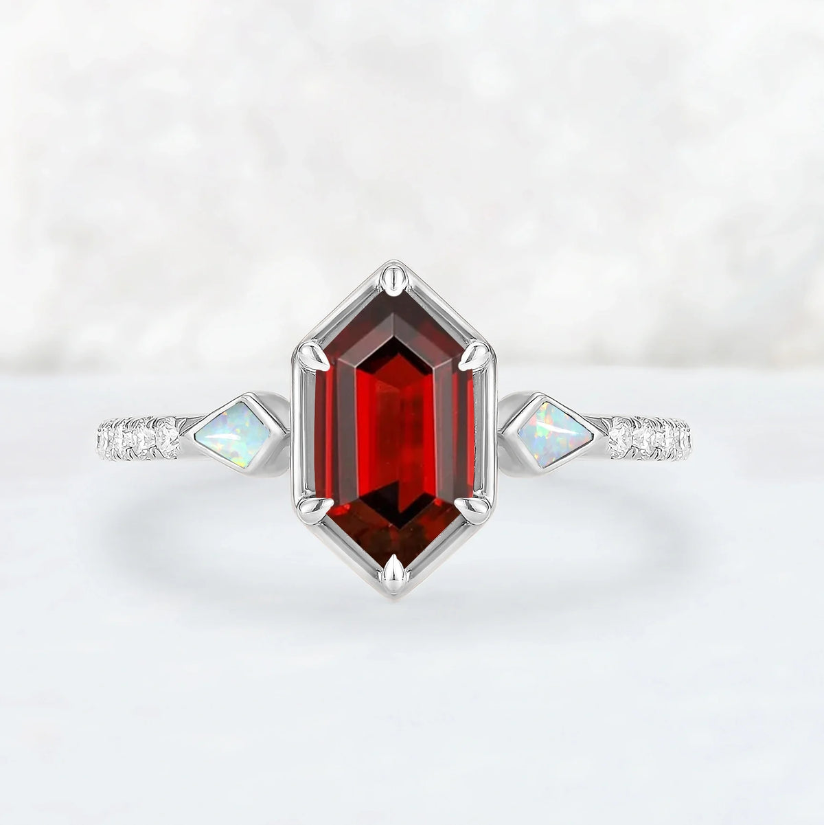 Unique Hexagon Cut Lab Ruby Half Eternity Engagement Ring