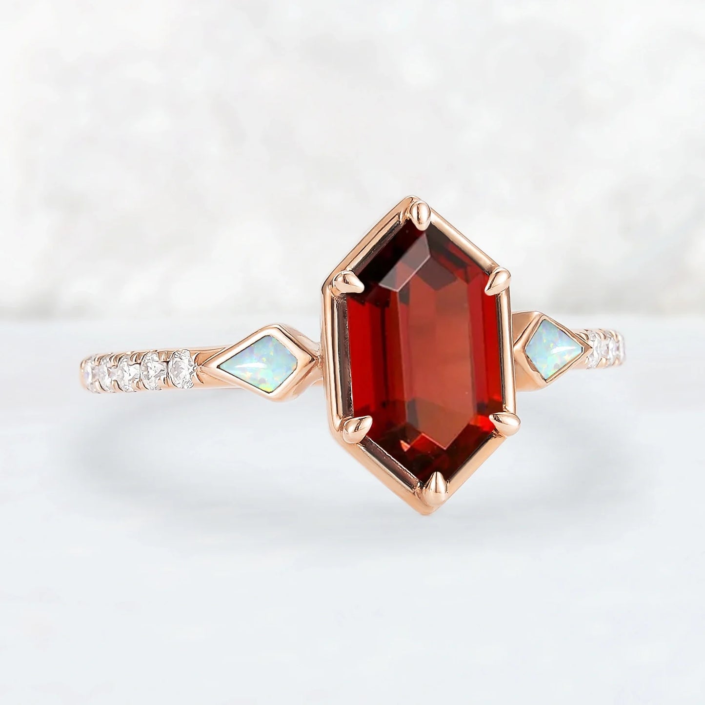 Unique Hexagon Cut Lab Ruby Half Eternity Engagement Ring