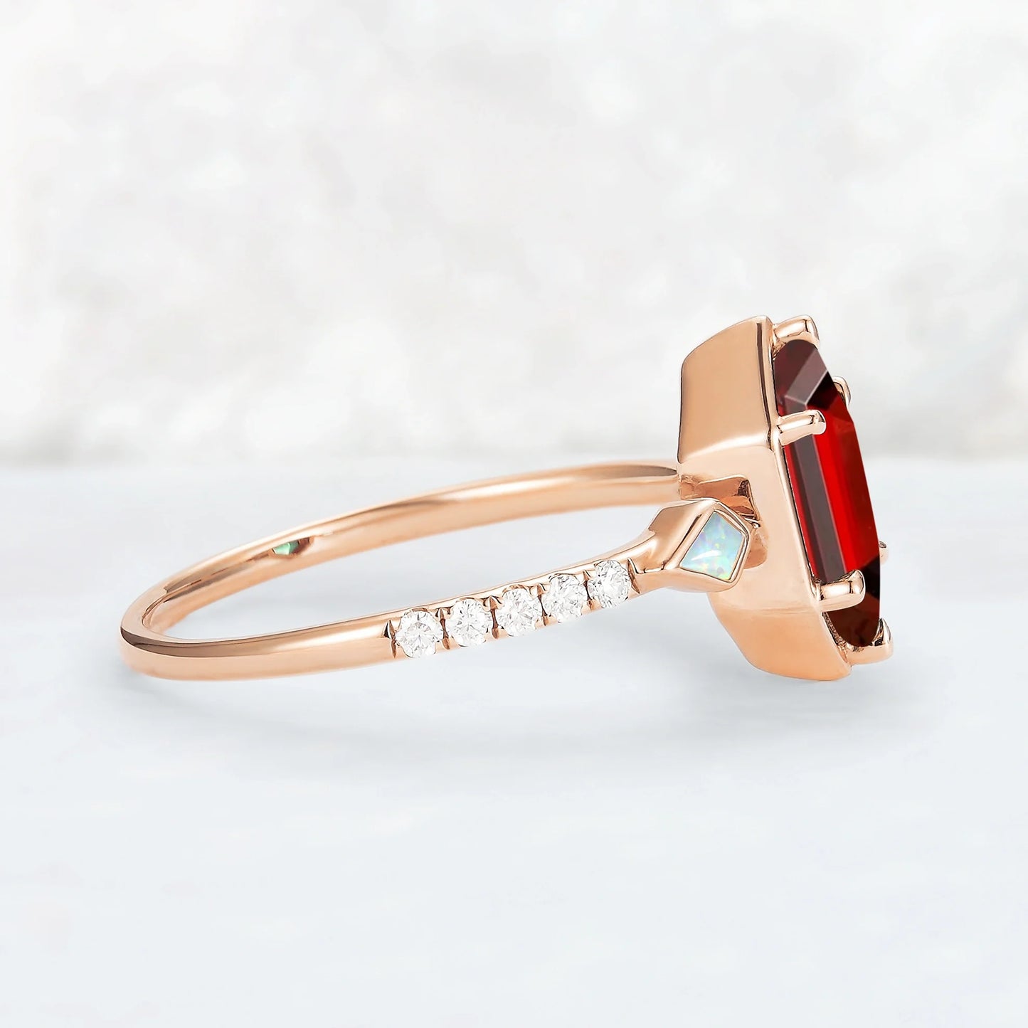 Unique Hexagon Cut Lab Ruby Half Eternity Engagement Ring