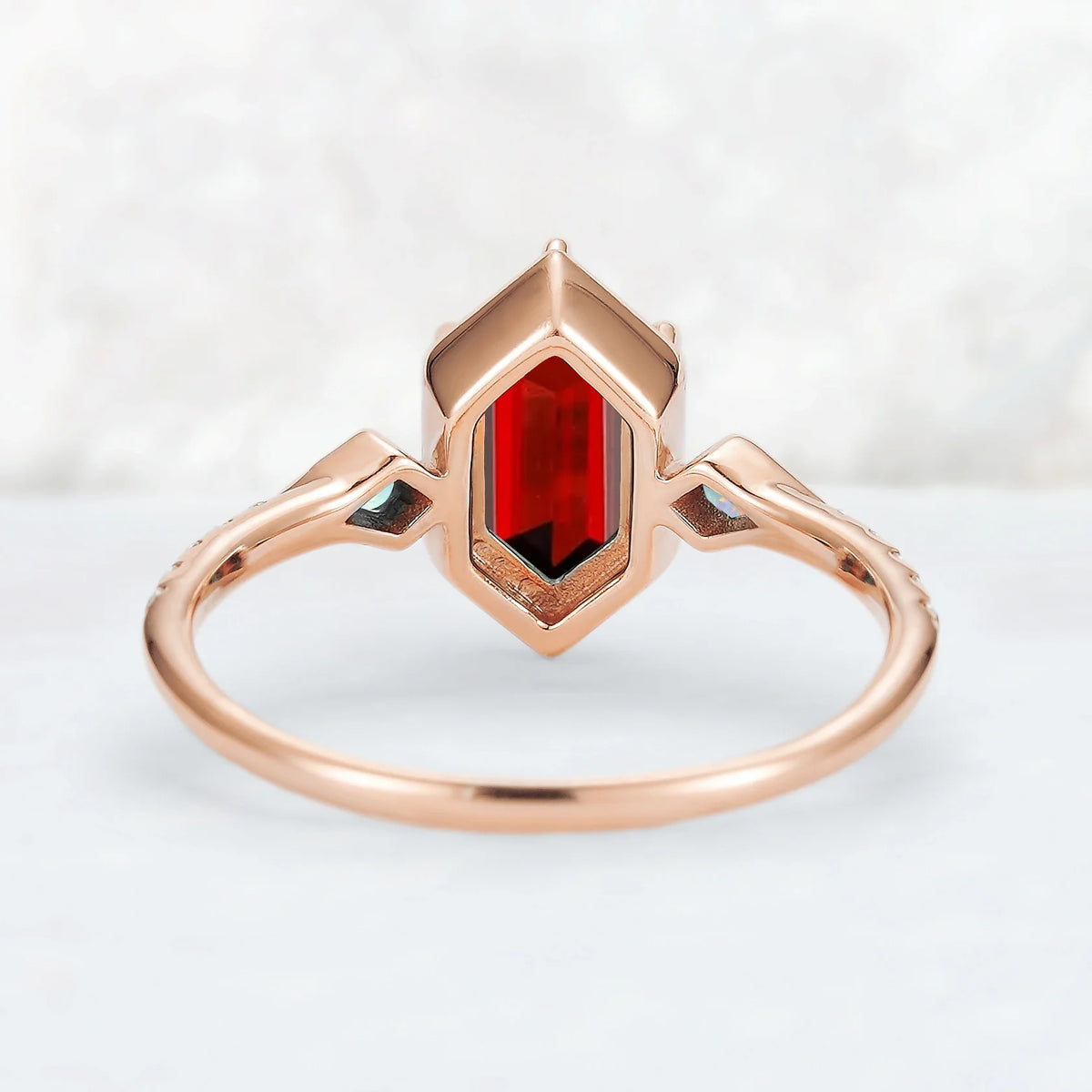 Unique Hexagon Cut Lab Ruby Half Eternity Engagement Ring