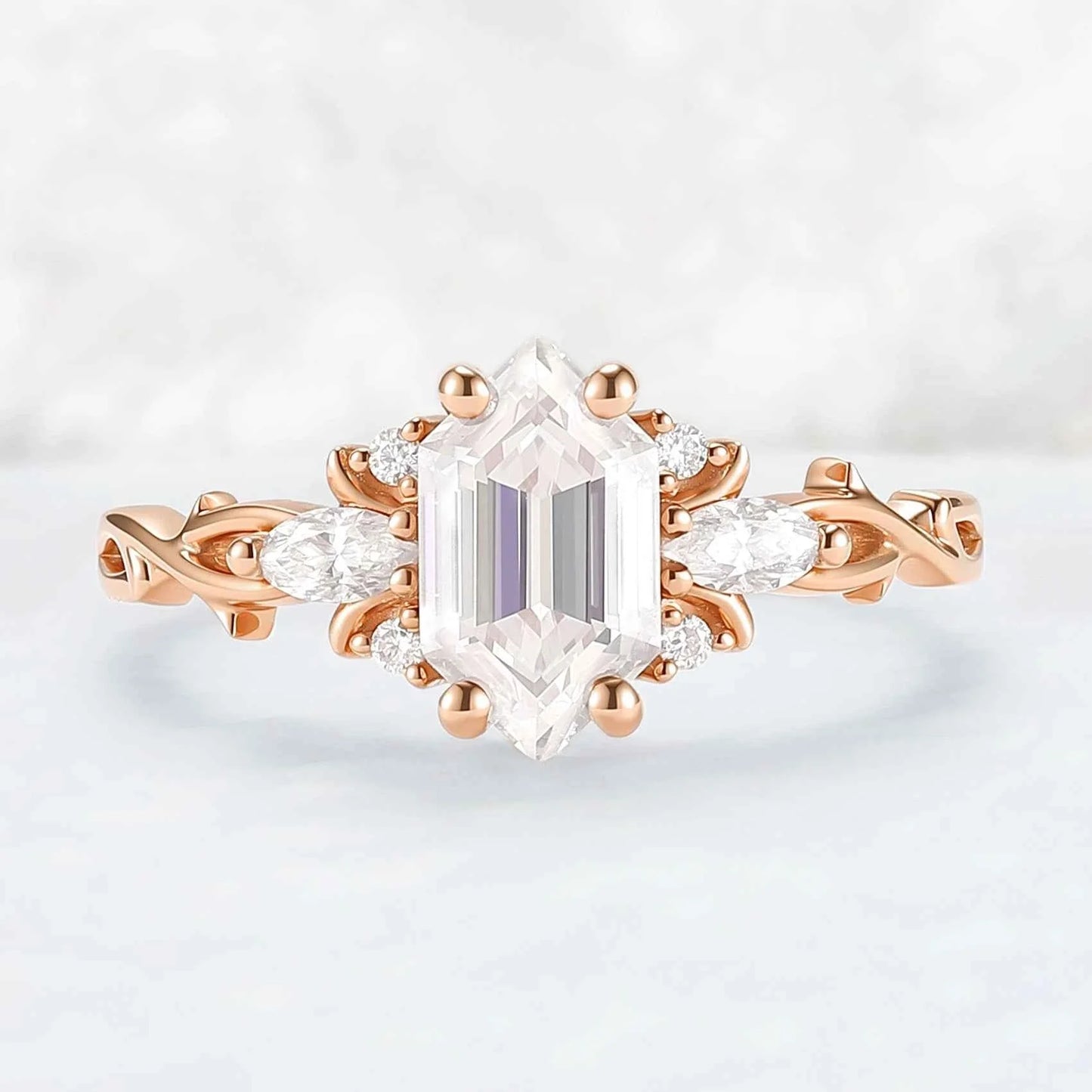 Unique Hexagon Cut Moissanite Vine Engagement Ring