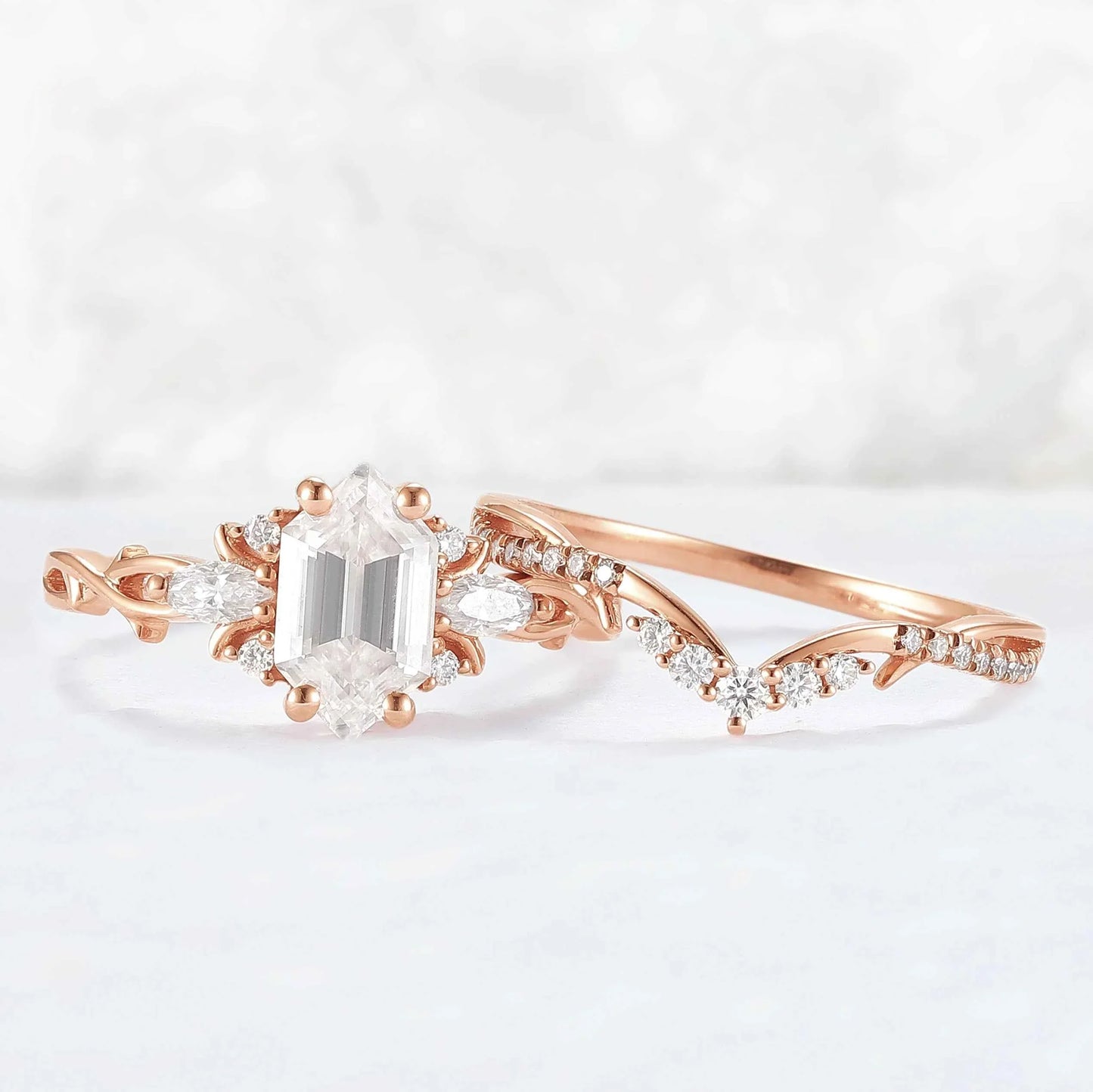 Unique Hexagon Cut Moissanite Vine Gemstone Ring Set 2pcs