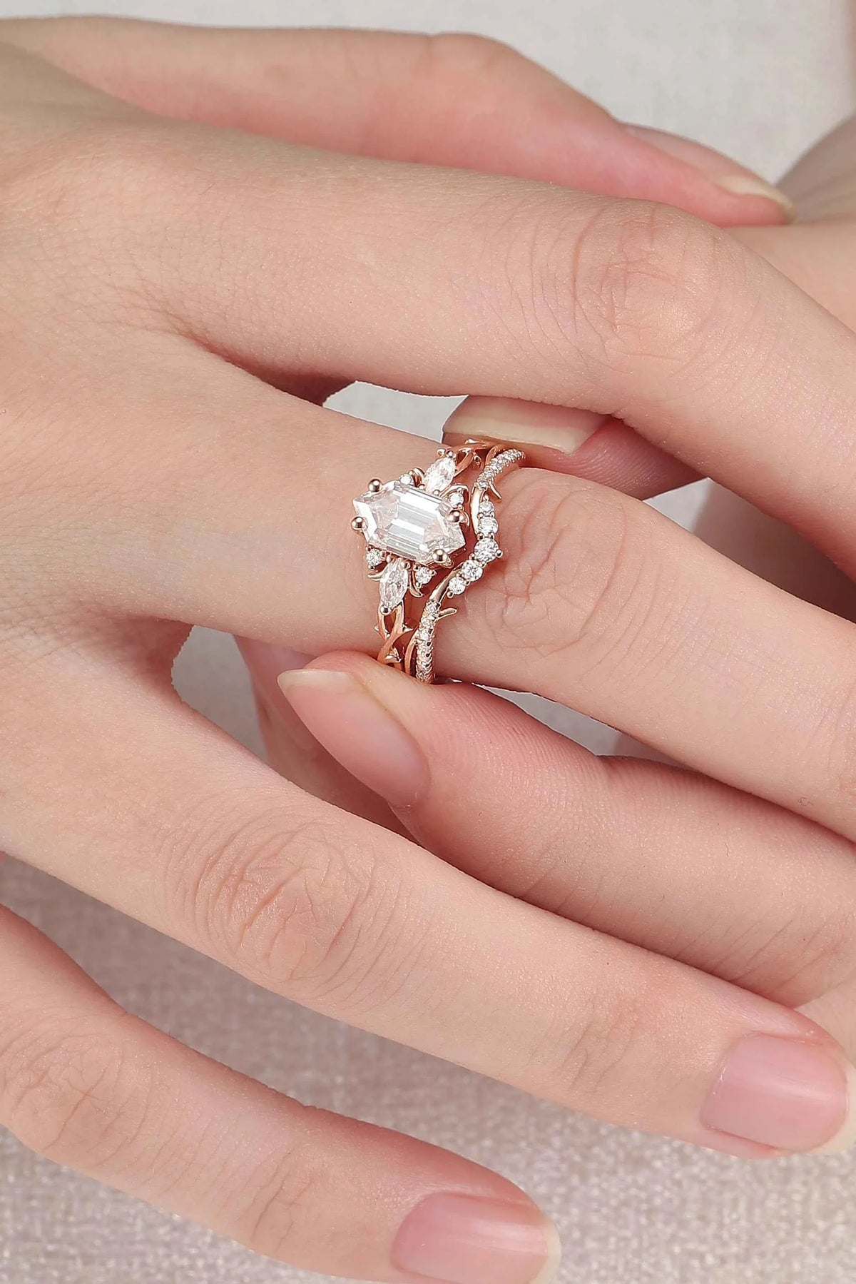 Unique Hexagon Cut Moissanite Vine Gemstone Ring Set 2pcs
