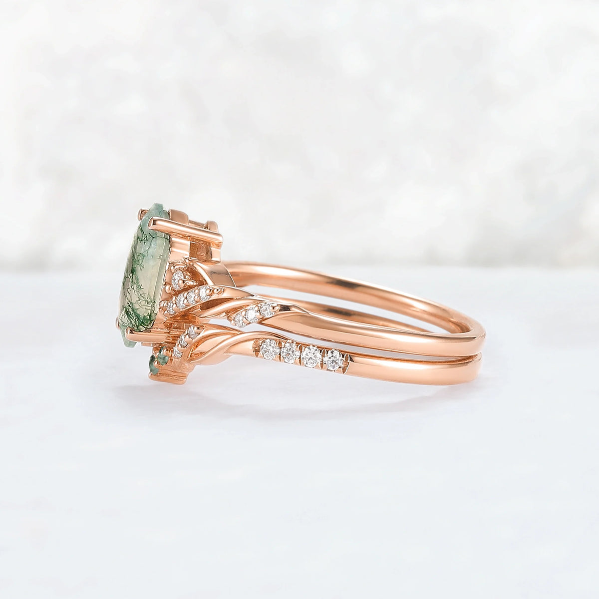 Unique Hexagon Cut Moss Agate Twist Ring Set 2pcs