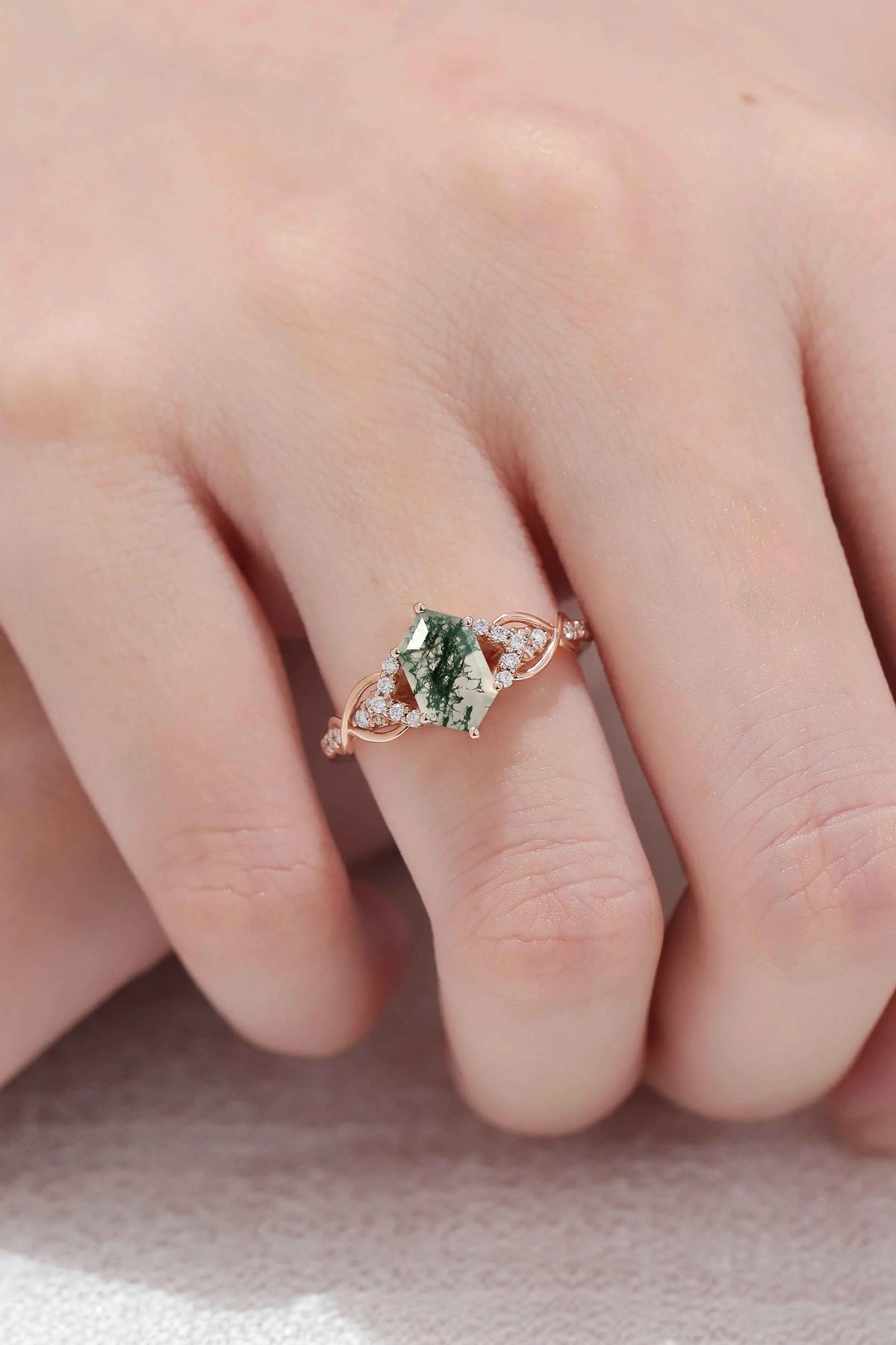 Unique Hexagon Cut Moss Agate Twist Vine Engagaement Ring