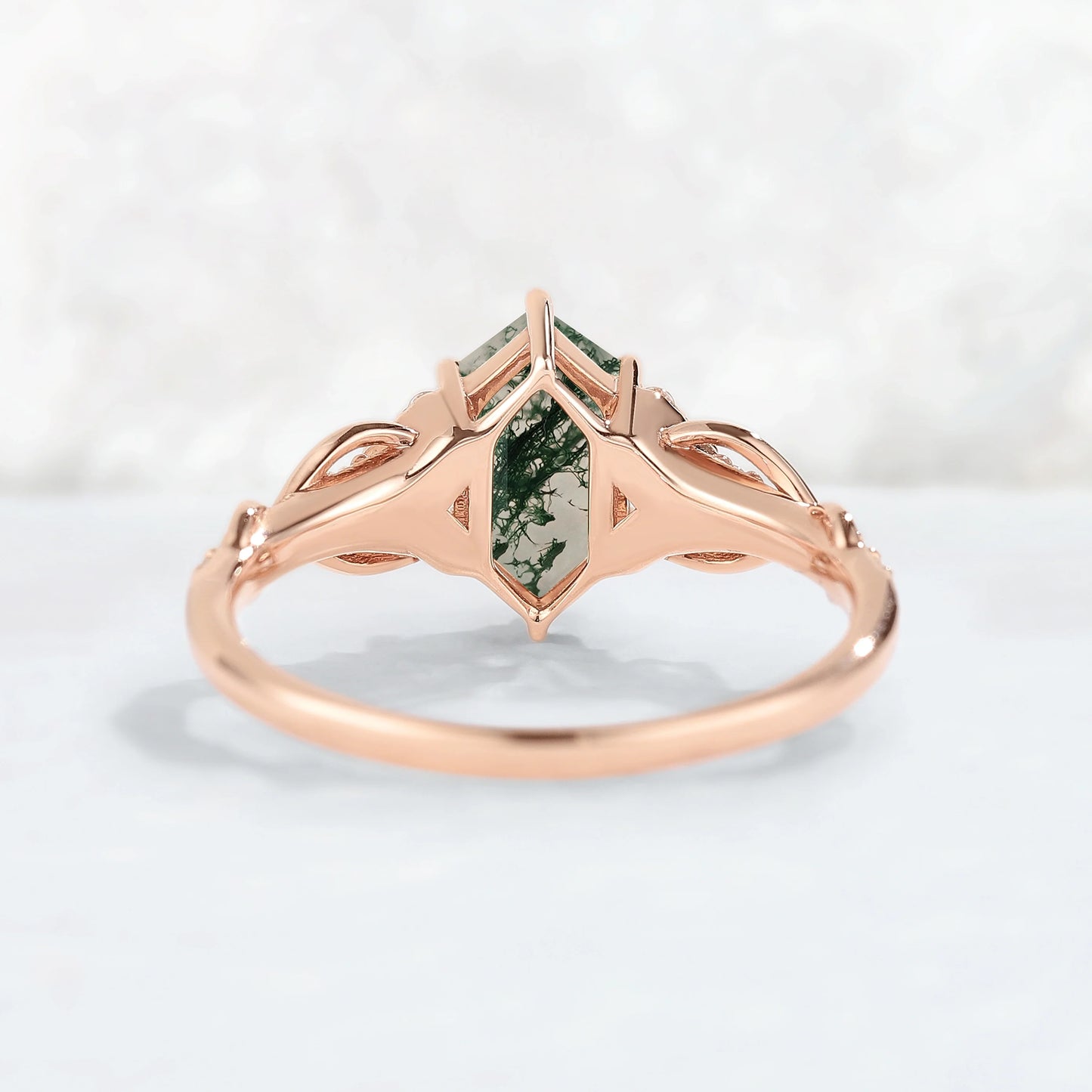 Unique Hexagon Cut Moss Agate Twist Vine Engagaement Ring