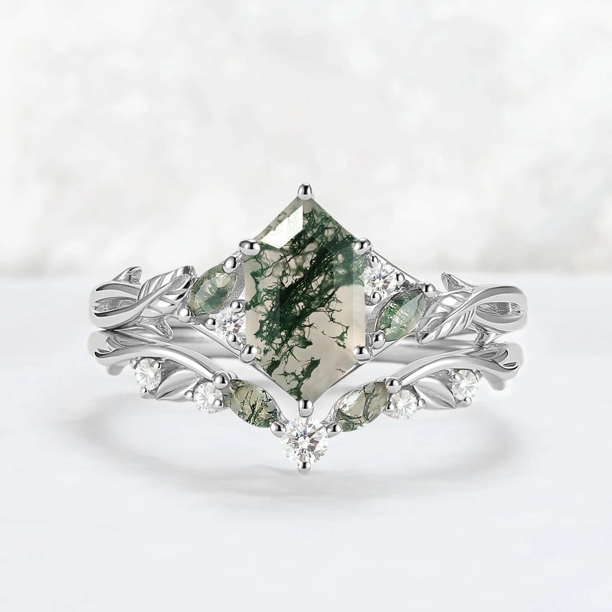 Unique Hexagon Cut Moss Agate Vine Leaf Gemstone Ring Set 2pcs
