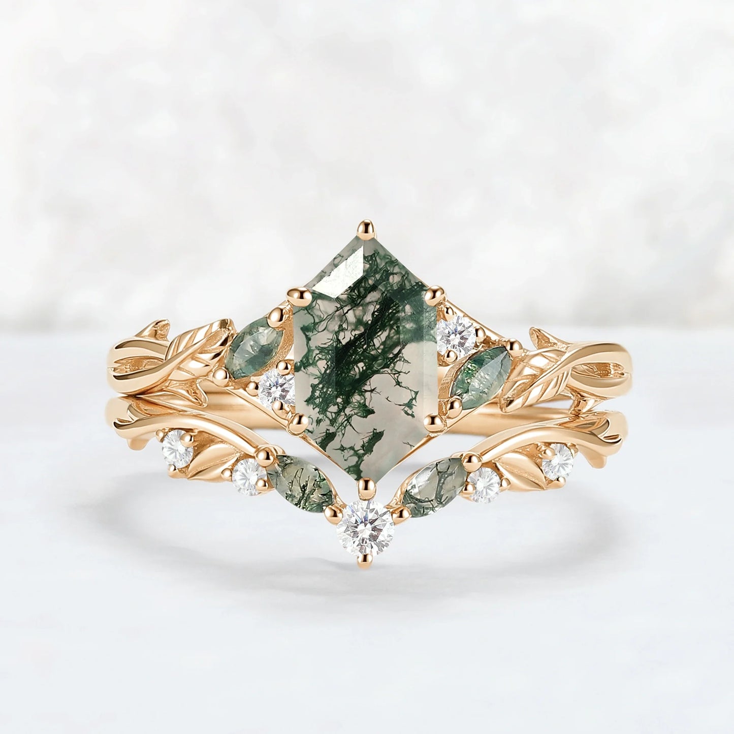 Unique Hexagon Cut Moss Agate Vine Leaf Gemstone Ring Set 2pcs